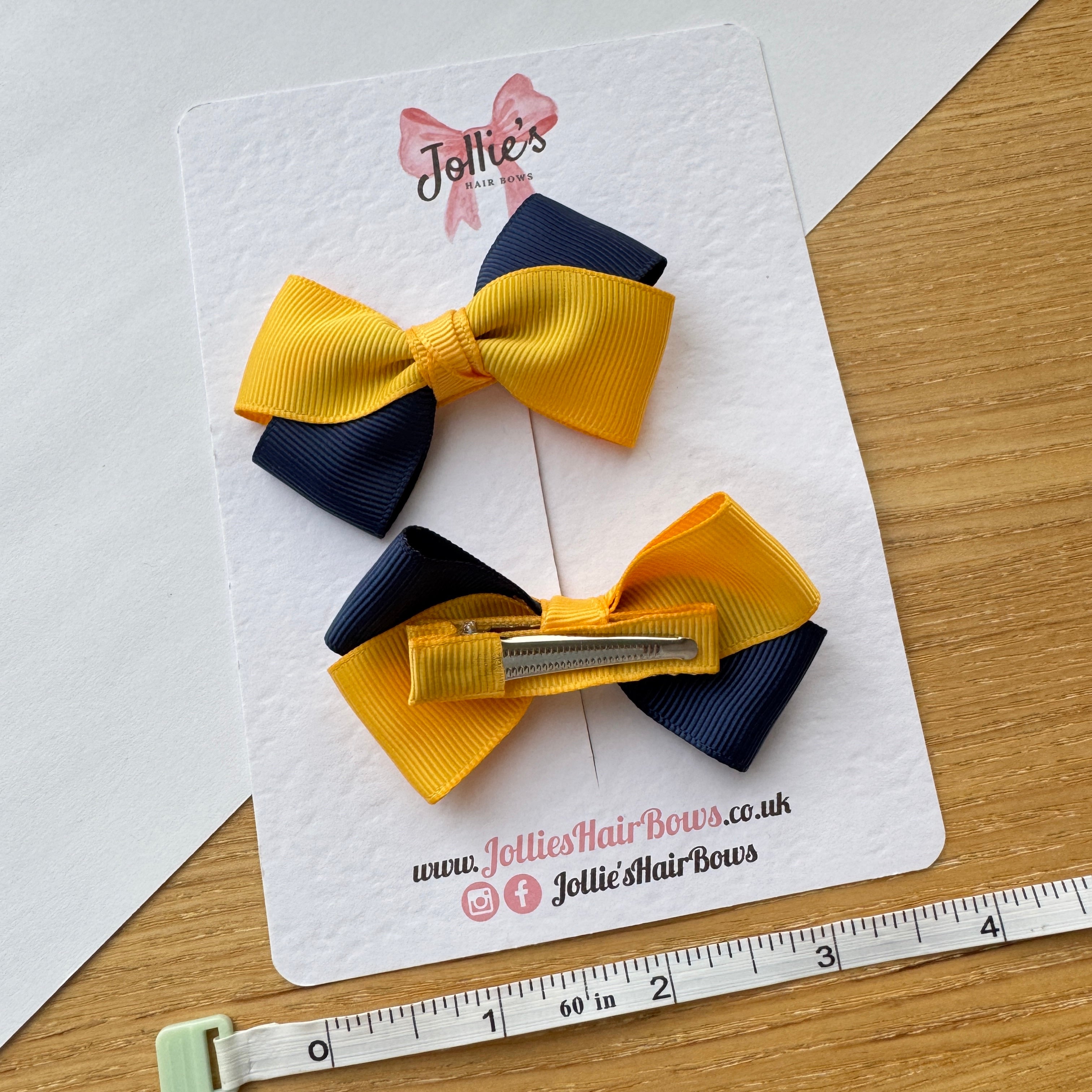 3" Yellow Gold & Navy Twisty Hair Bow Pair – Grosgrain Ribbon Clips with Teeth