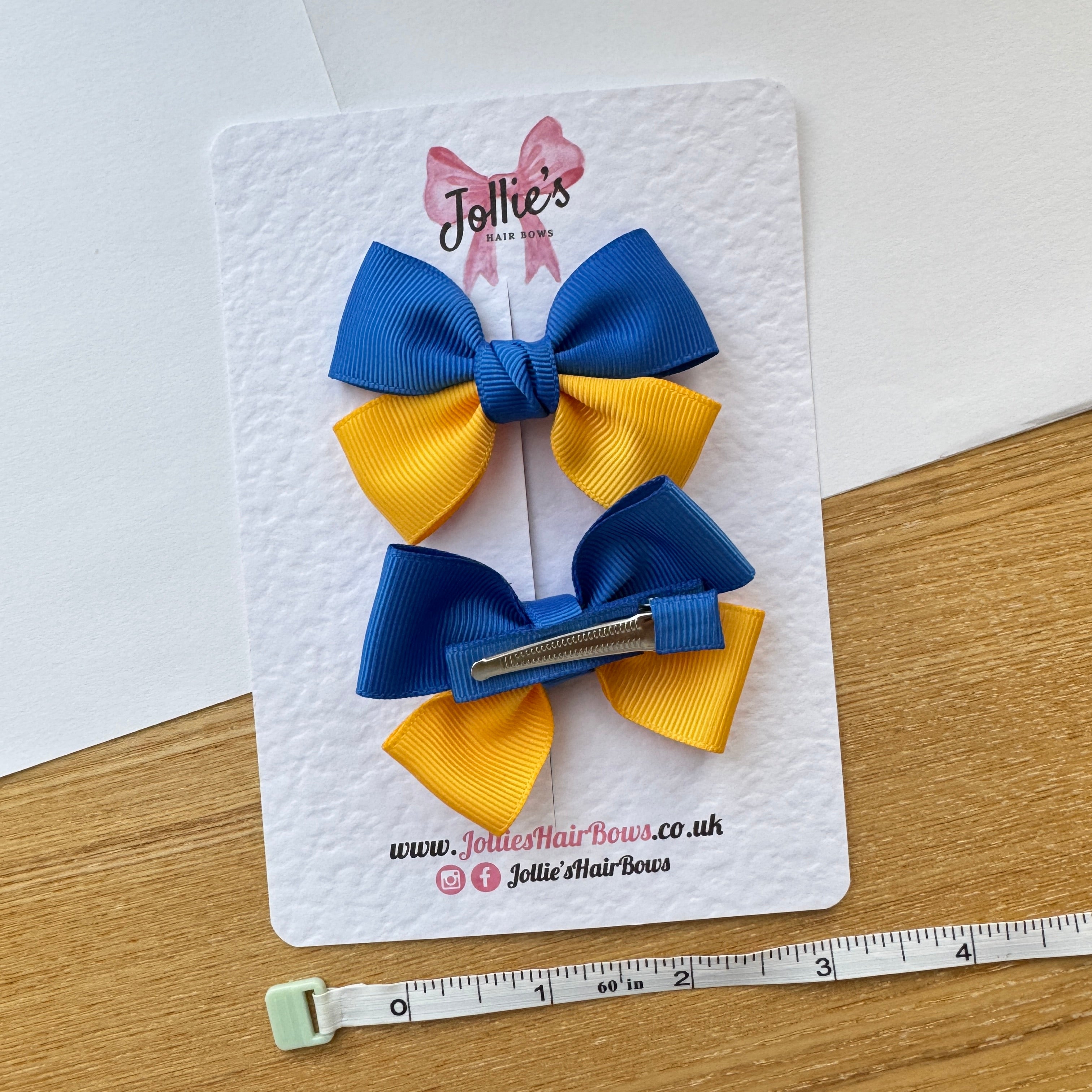 2.5" Yellow Gold & Royal Blue Classic Hair Bow Pair – Grosgrain Ribbon Clips with Teeth