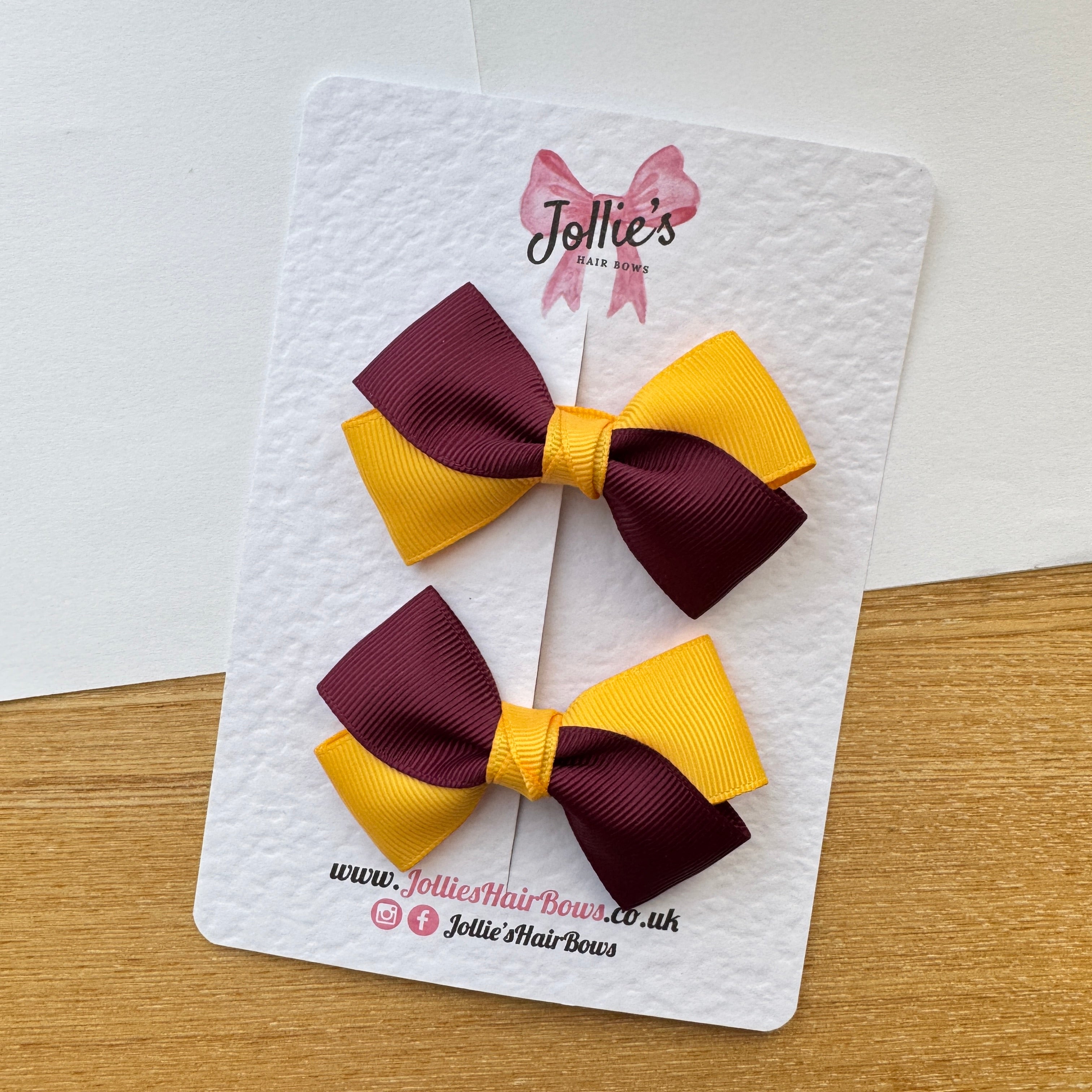 3" Yellow Gold & Burgundy Twisty Hair Bow Pair – Grosgrain Ribbon Clips with Teeth