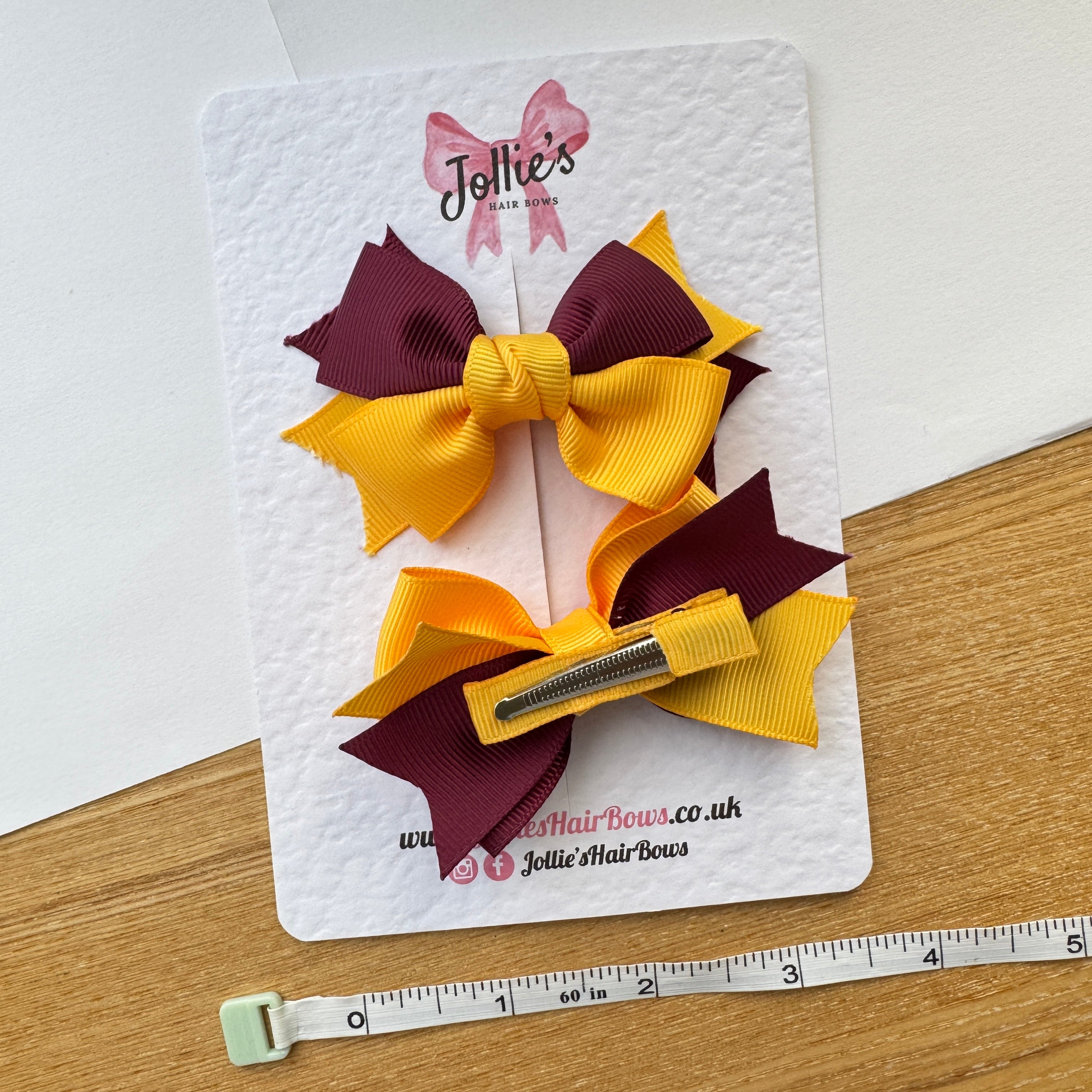 3" Yellow Gold & Burgundy Double Layer School Hair Bow Pair – Grosgrain Ribbon Clips with Teeth