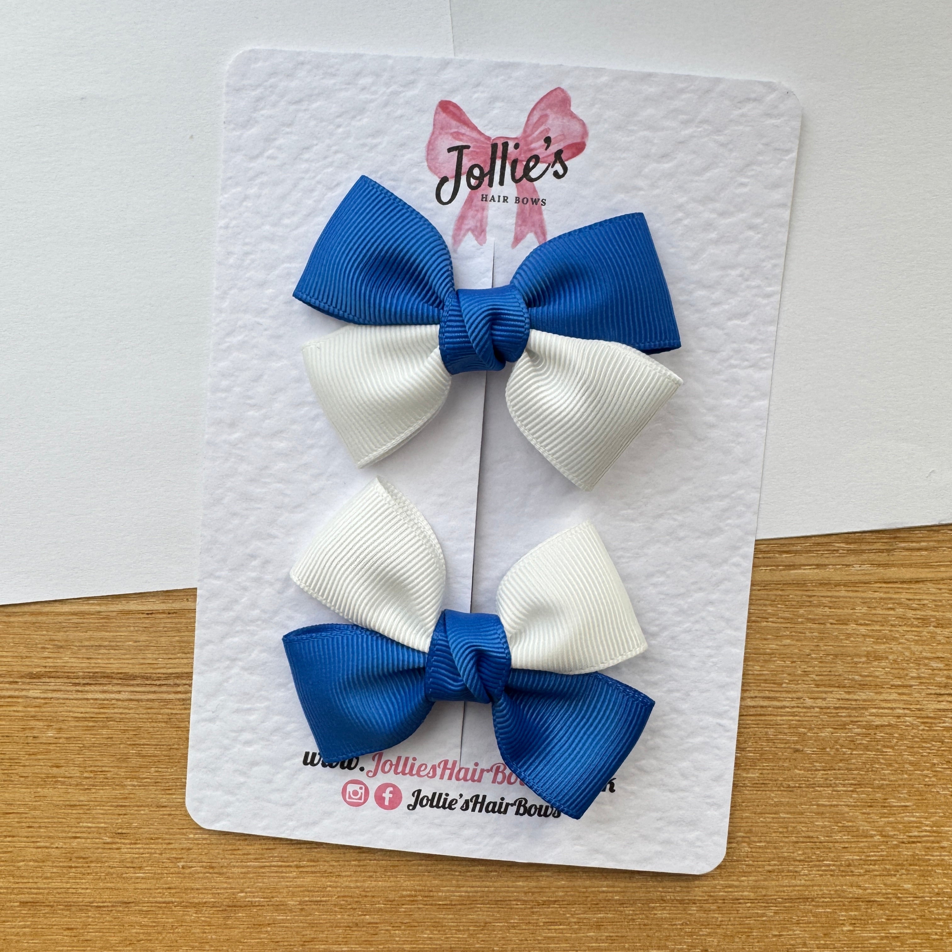 2.5" Royal Blue & White Classic Hair Bow Pair – Grosgrain Ribbon Clips with Teeth
