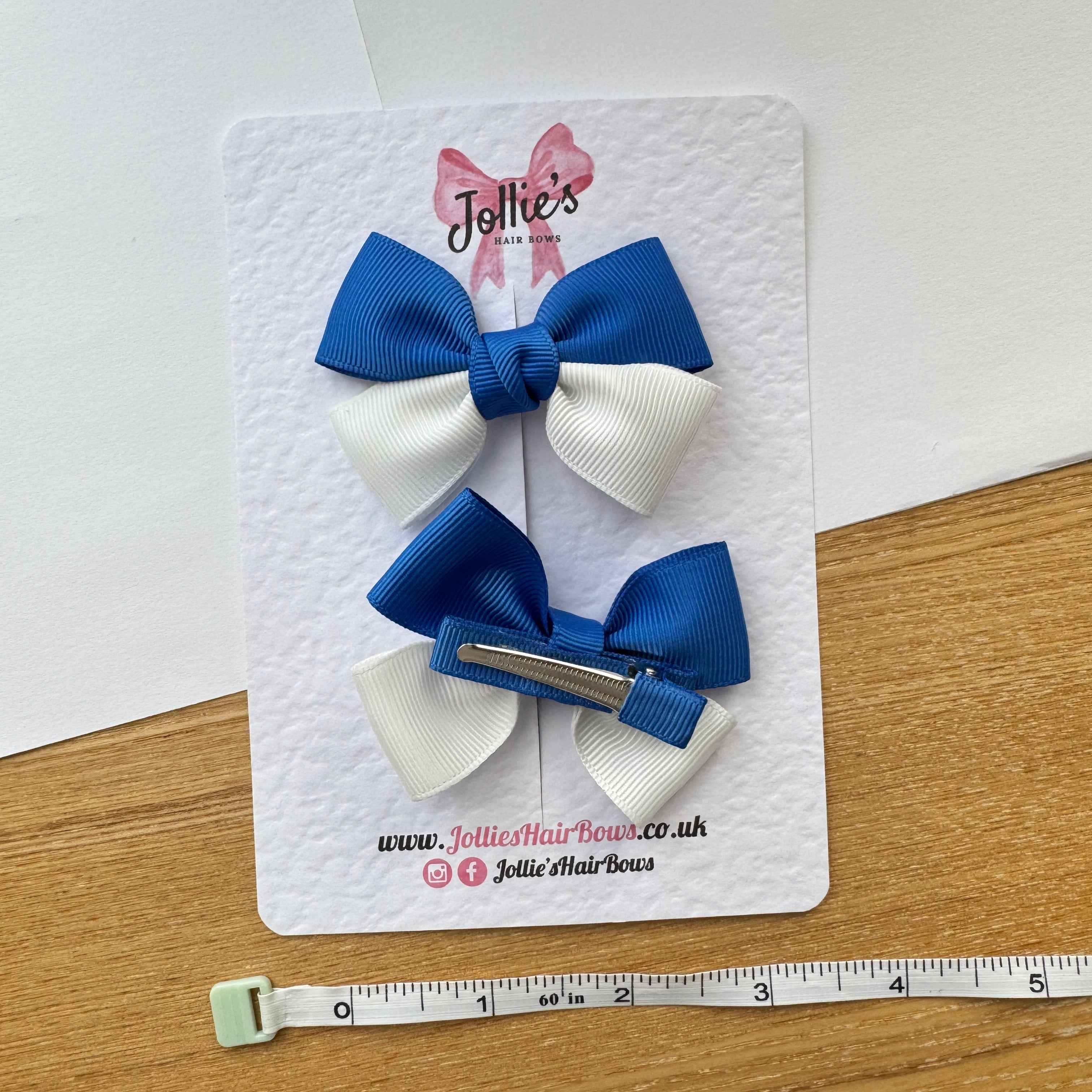 2.5" Royal Blue & White Classic Hair Bow Pair – Grosgrain Ribbon Clips with Teeth