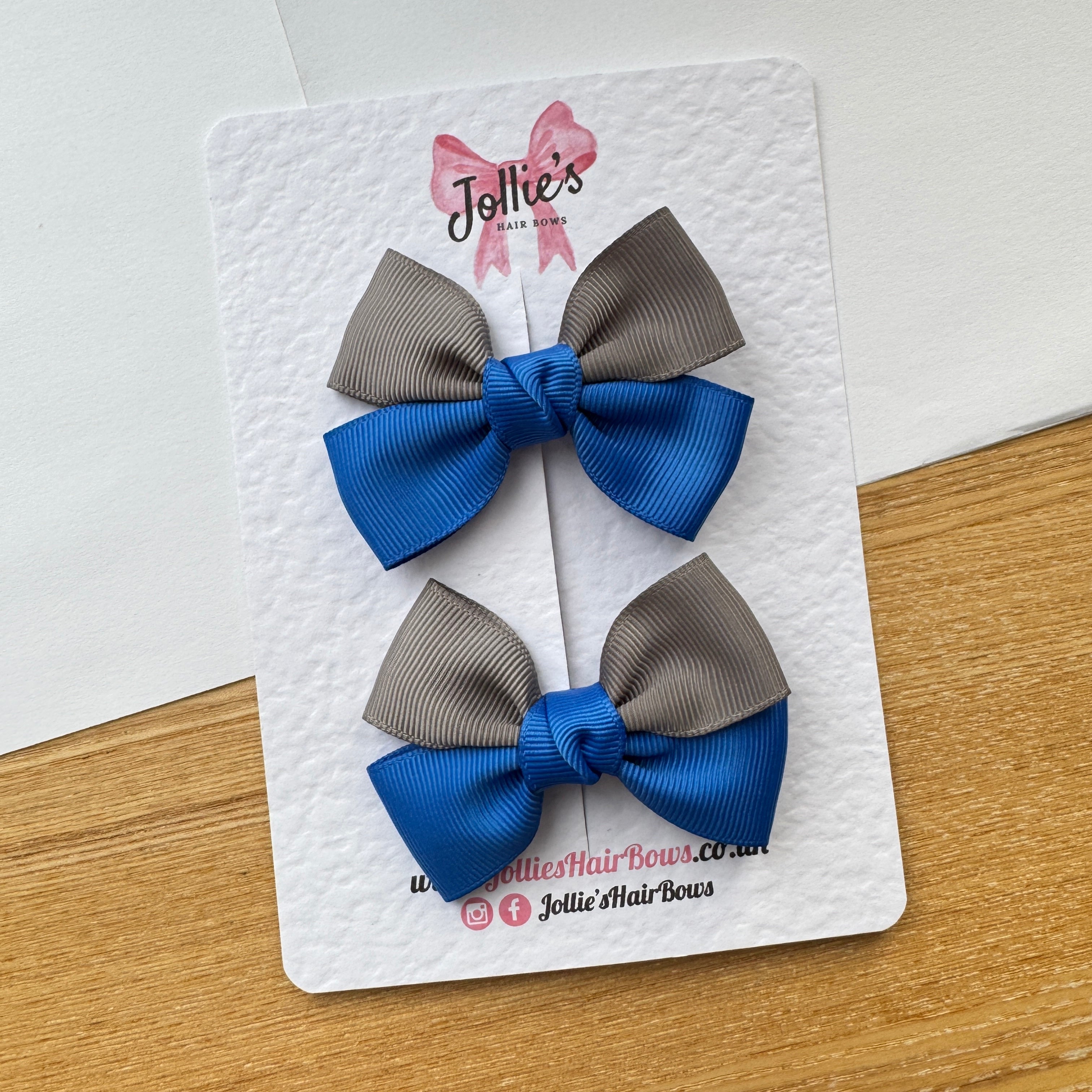 2.5" Metal Grey & Royal Blue Classic Hair Bow Pair – Grosgrain Ribbon Clips with Teeth