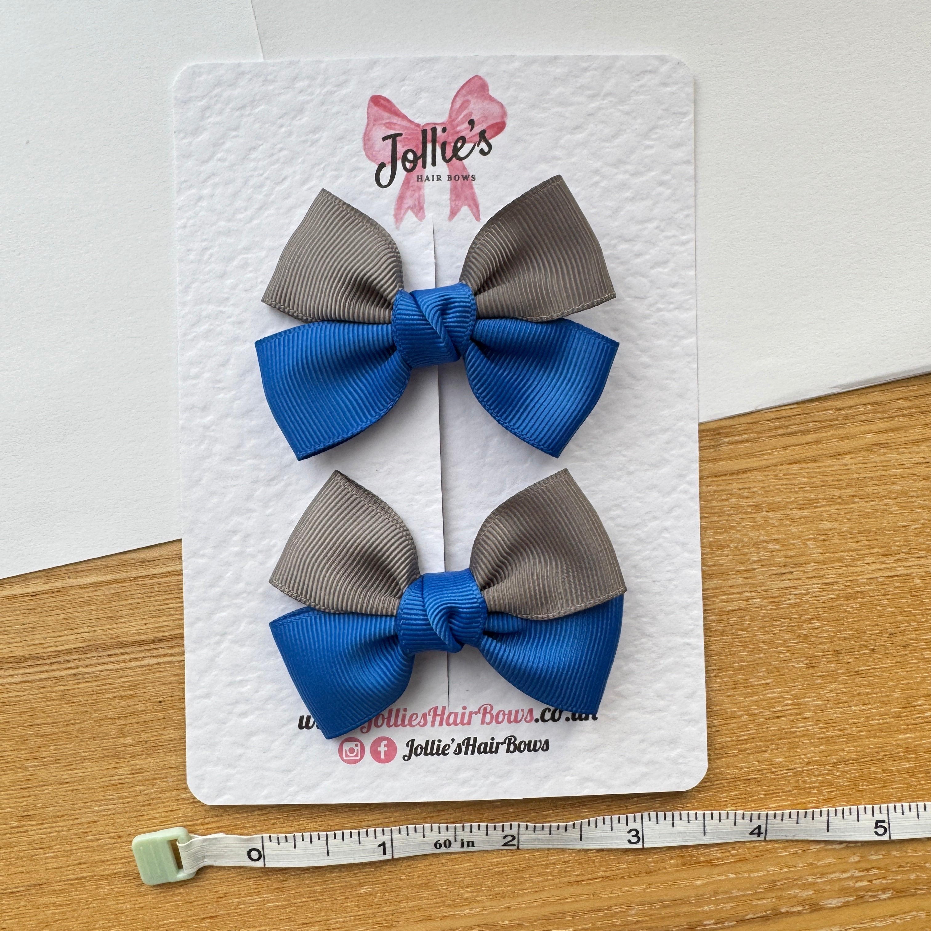 2.5" Metal Grey & Royal Blue Classic Hair Bow Pair – Grosgrain Ribbon Clips with Teeth