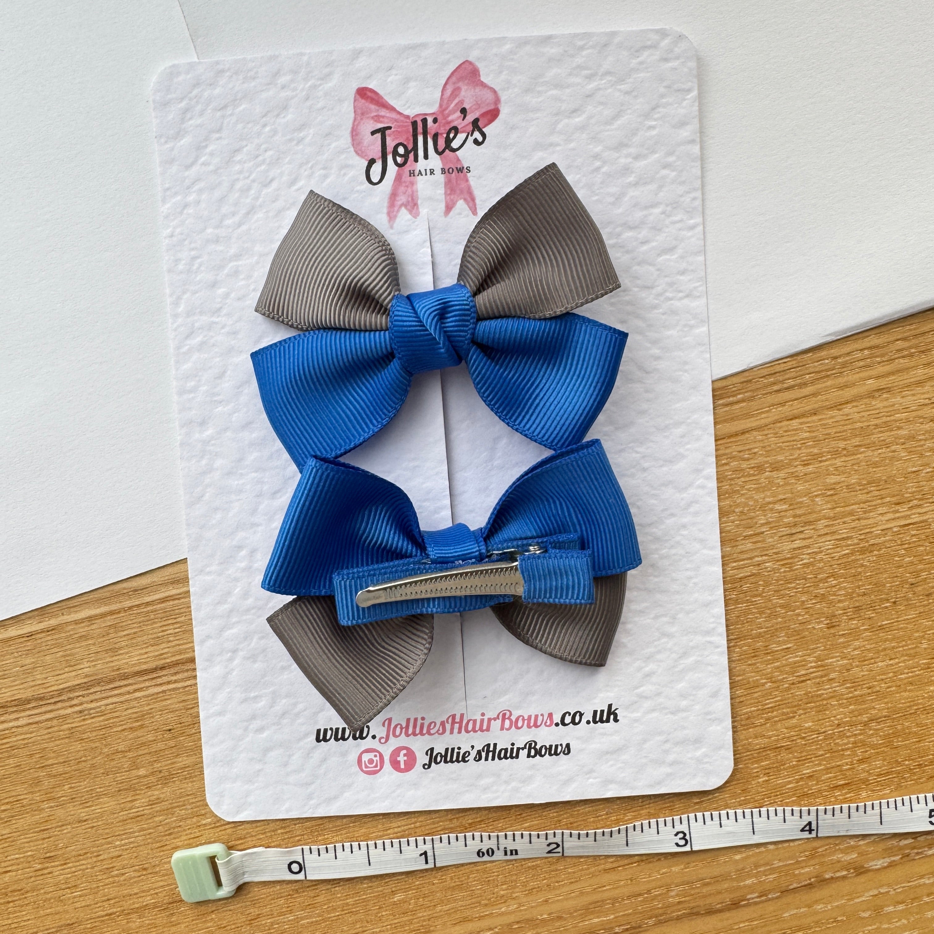 2.5" Metal Grey & Royal Blue Classic Hair Bow Pair – Grosgrain Ribbon Clips with Teeth