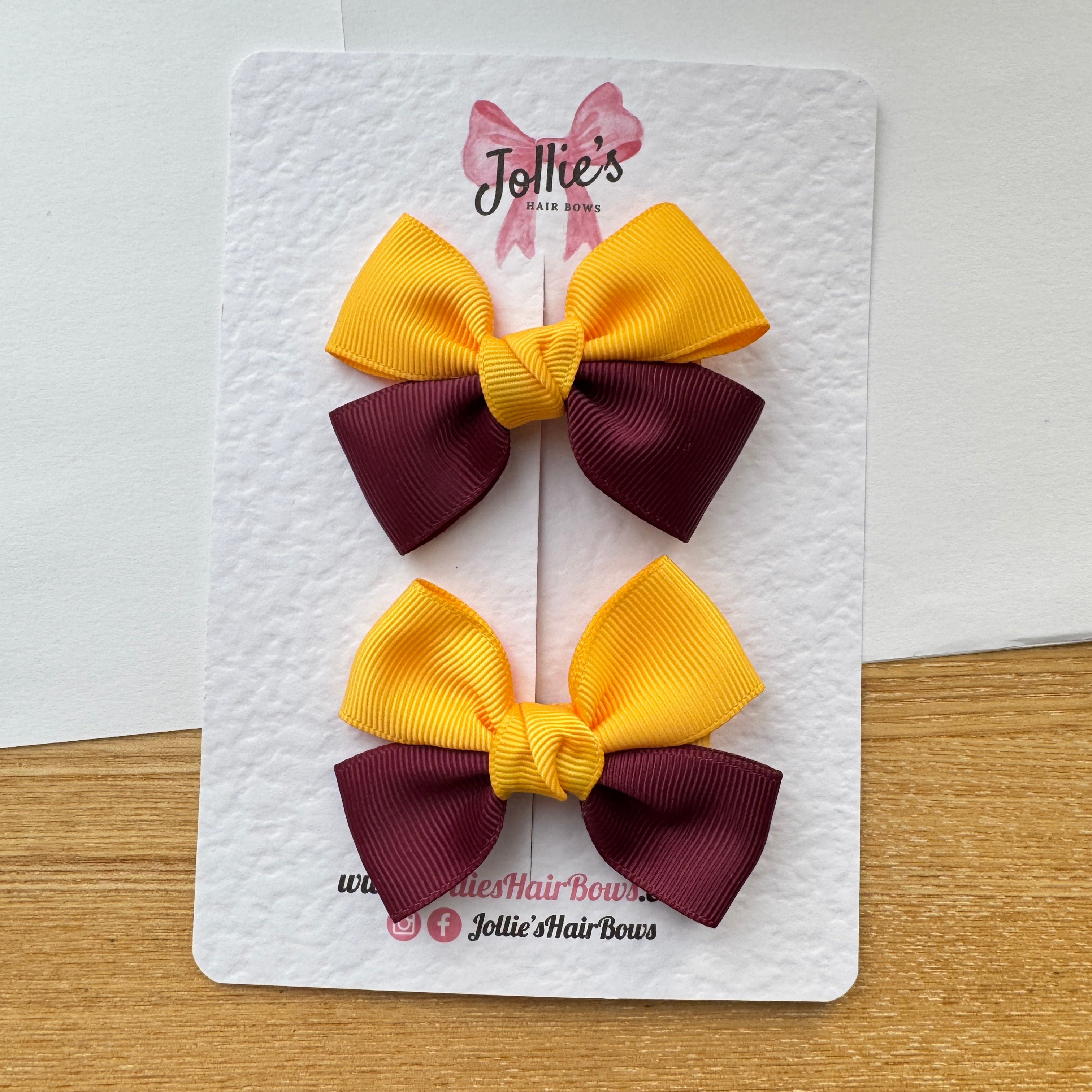 2.5" Yellow Gold & Burgundy Classic Hair Bow Pair – Grosgrain Ribbon Clips with Teeth