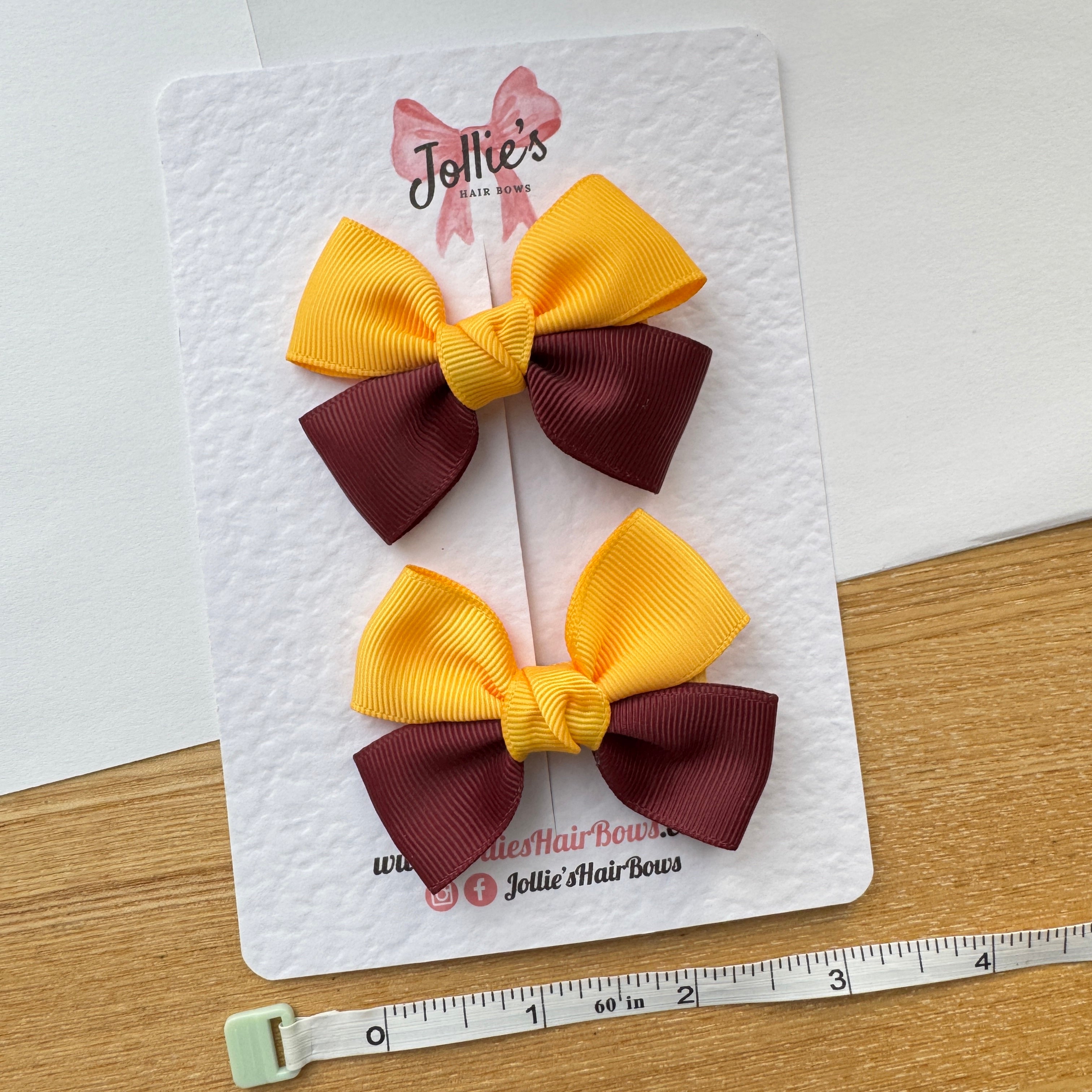 2.5" Yellow Gold & Burgundy Classic Hair Bow Pair – Grosgrain Ribbon Clips with Teeth