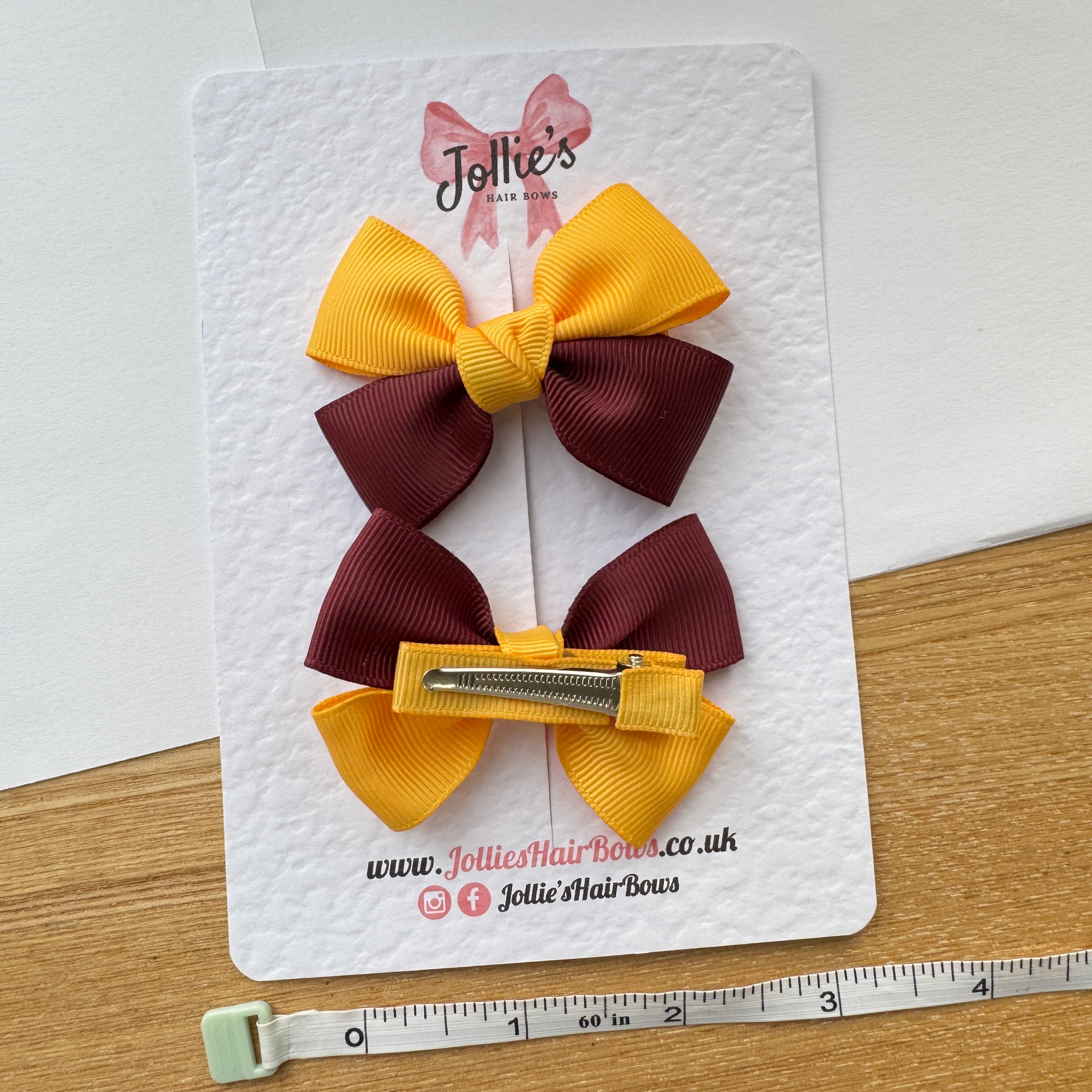2.5" Yellow Gold & Burgundy Classic Hair Bow Pair – Grosgrain Ribbon Clips with Teeth