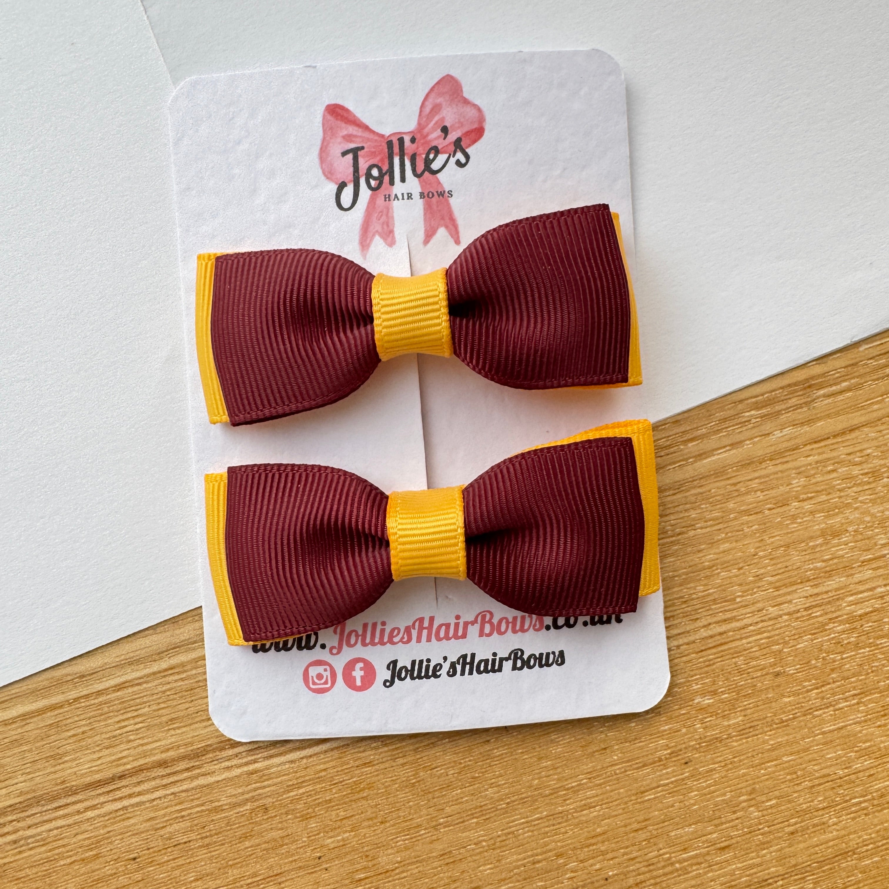 2.5" Burgundy & Yellow Gold Mini School Hair Bow Pair – Grosgrain Ribbon Clips with Teeth