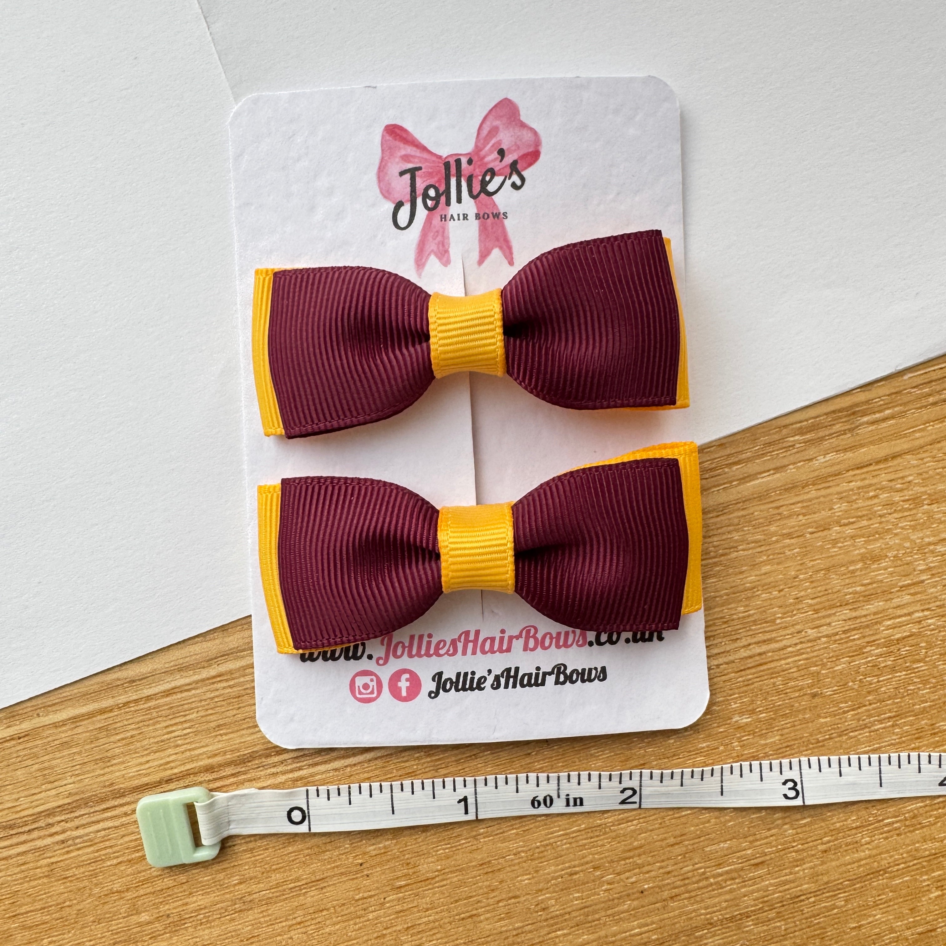 2.5" Burgundy & Yellow Gold Mini School Hair Bow Pair – Grosgrain Ribbon Clips with Teeth
