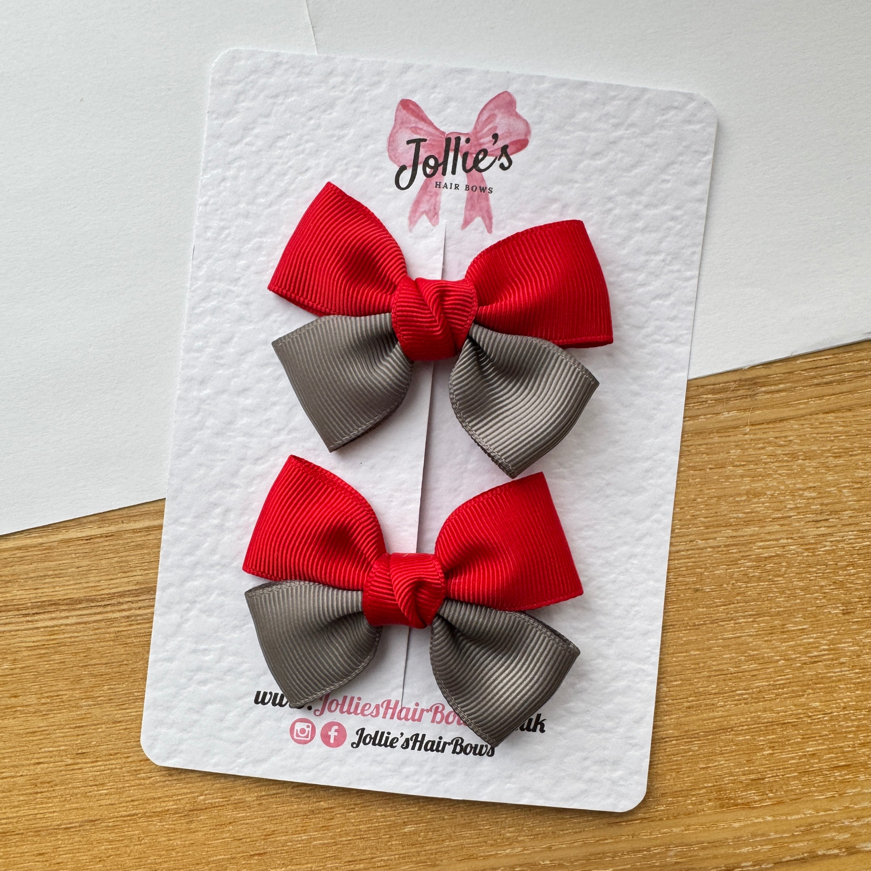 2.5" Red & Metal Grey Classic Hair Bow Pair – Grosgrain Ribbon Clips with Teeth