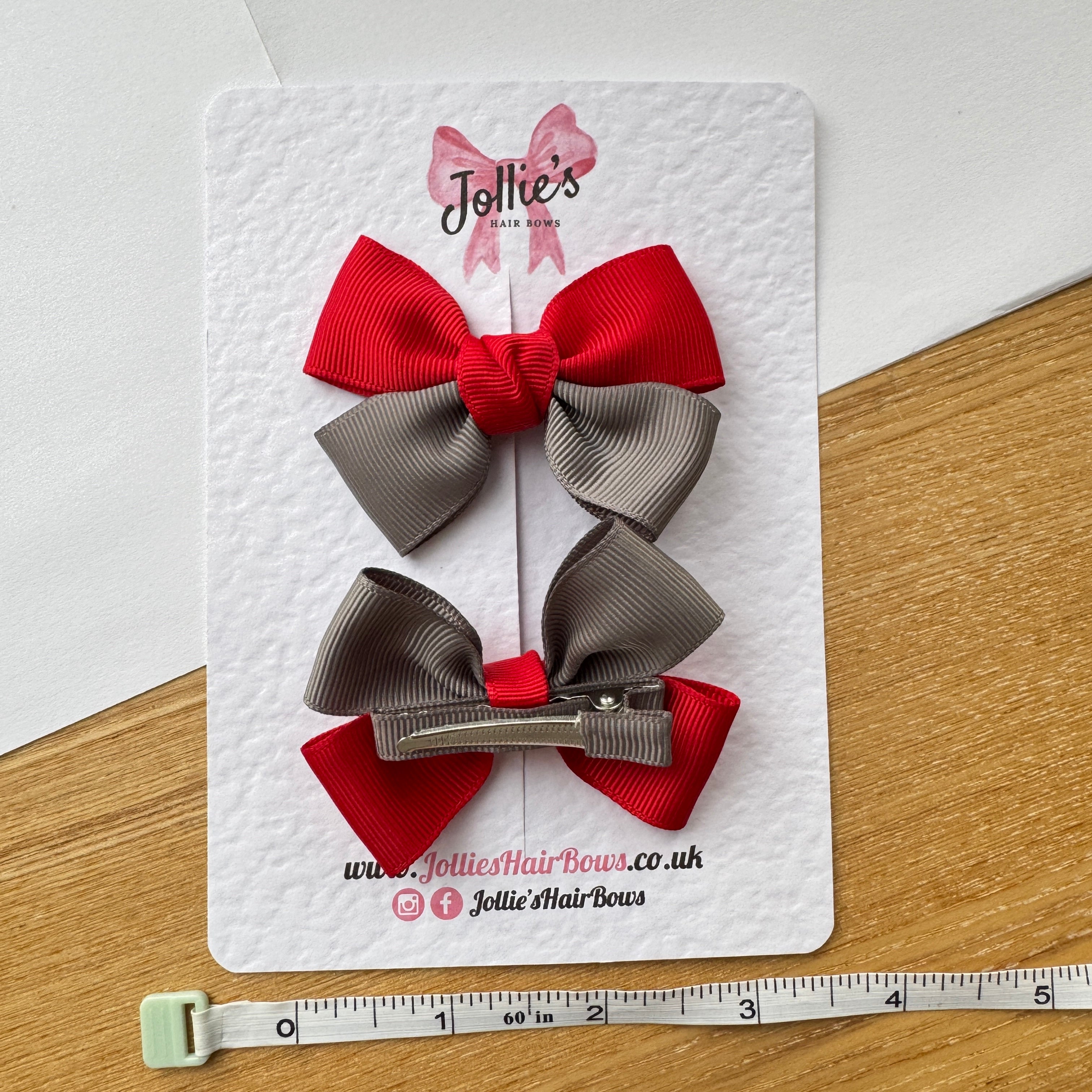2.5" Red & Metal Grey Classic Hair Bow Pair – Grosgrain Ribbon Clips with Teeth