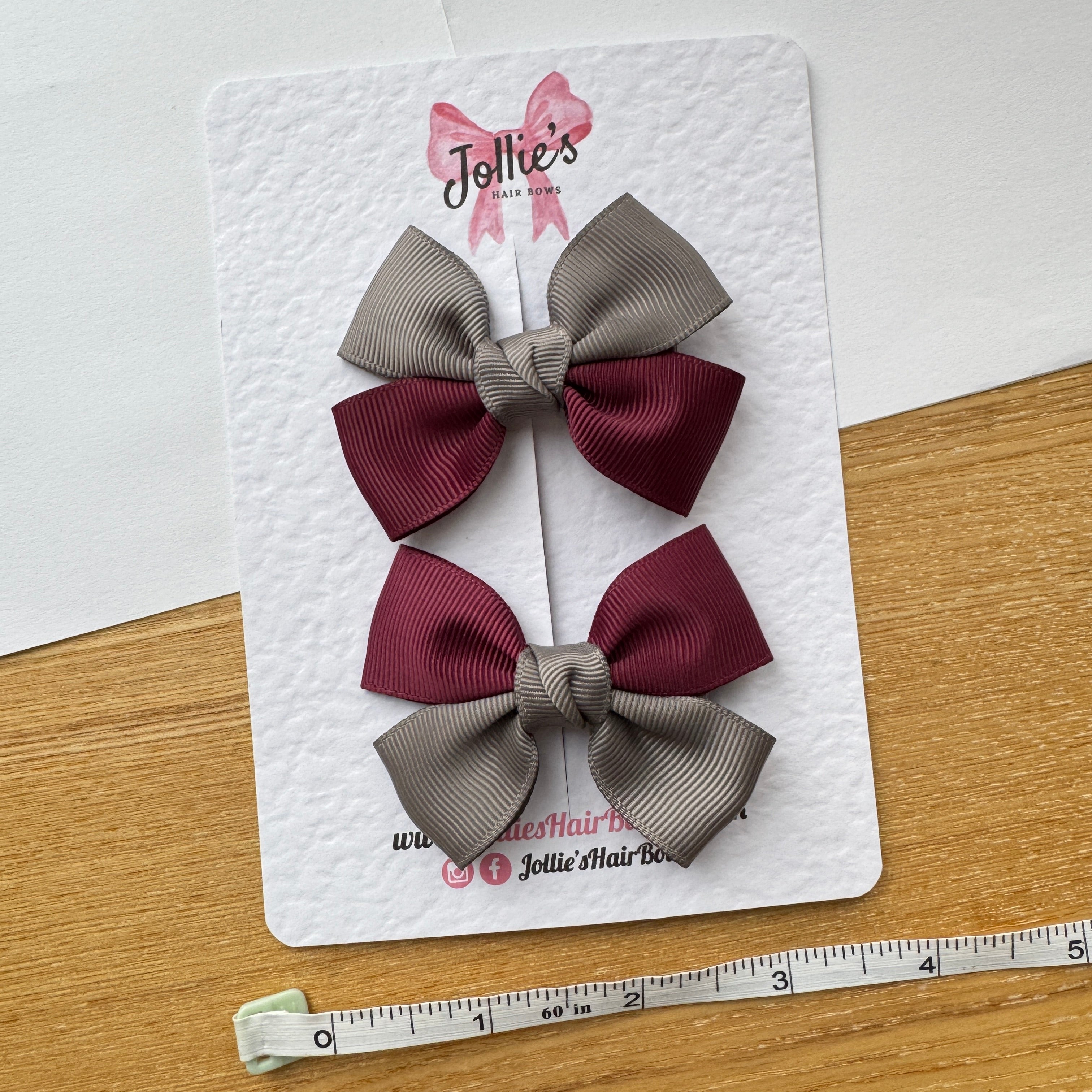 2.5" Metal Grey & Burgundy Classic Hair Bow Pair – Grosgrain Ribbon Clips with Teeth