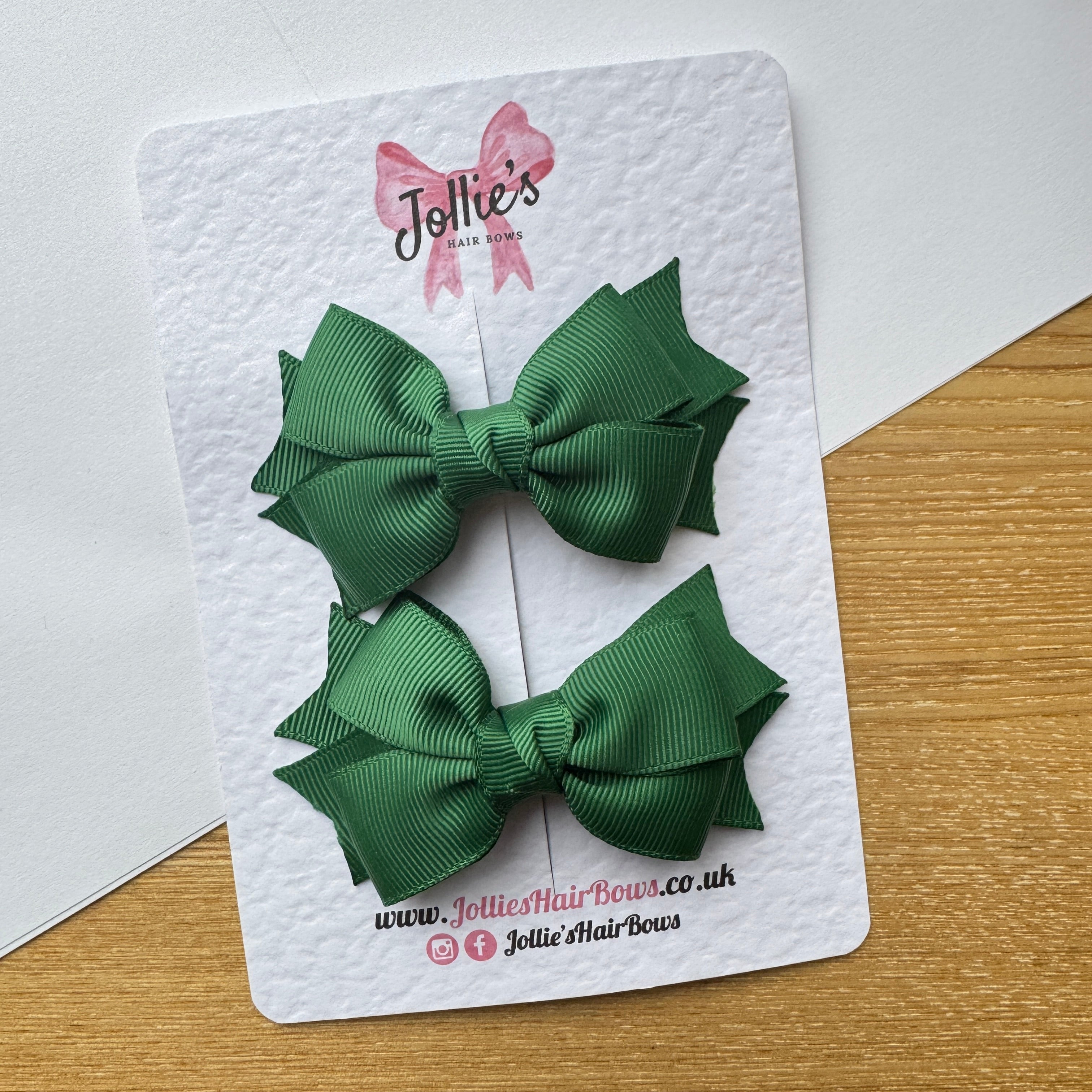 3" Forest Green Double Layer School Hair Bow Pair – Grosgrain Ribbon Clips with Teeth
