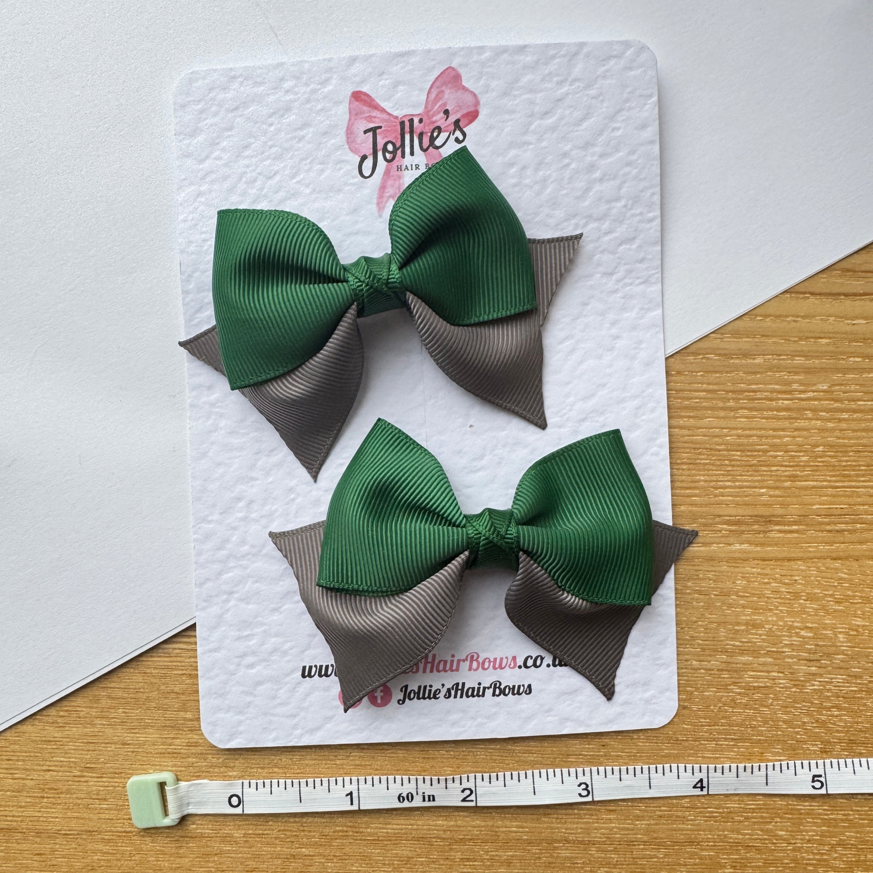 3" Forest Green & Metal Grey Layered Pointed-Tail Hair Bow Pair – Grosgrain Ribbon Clips with Teeth