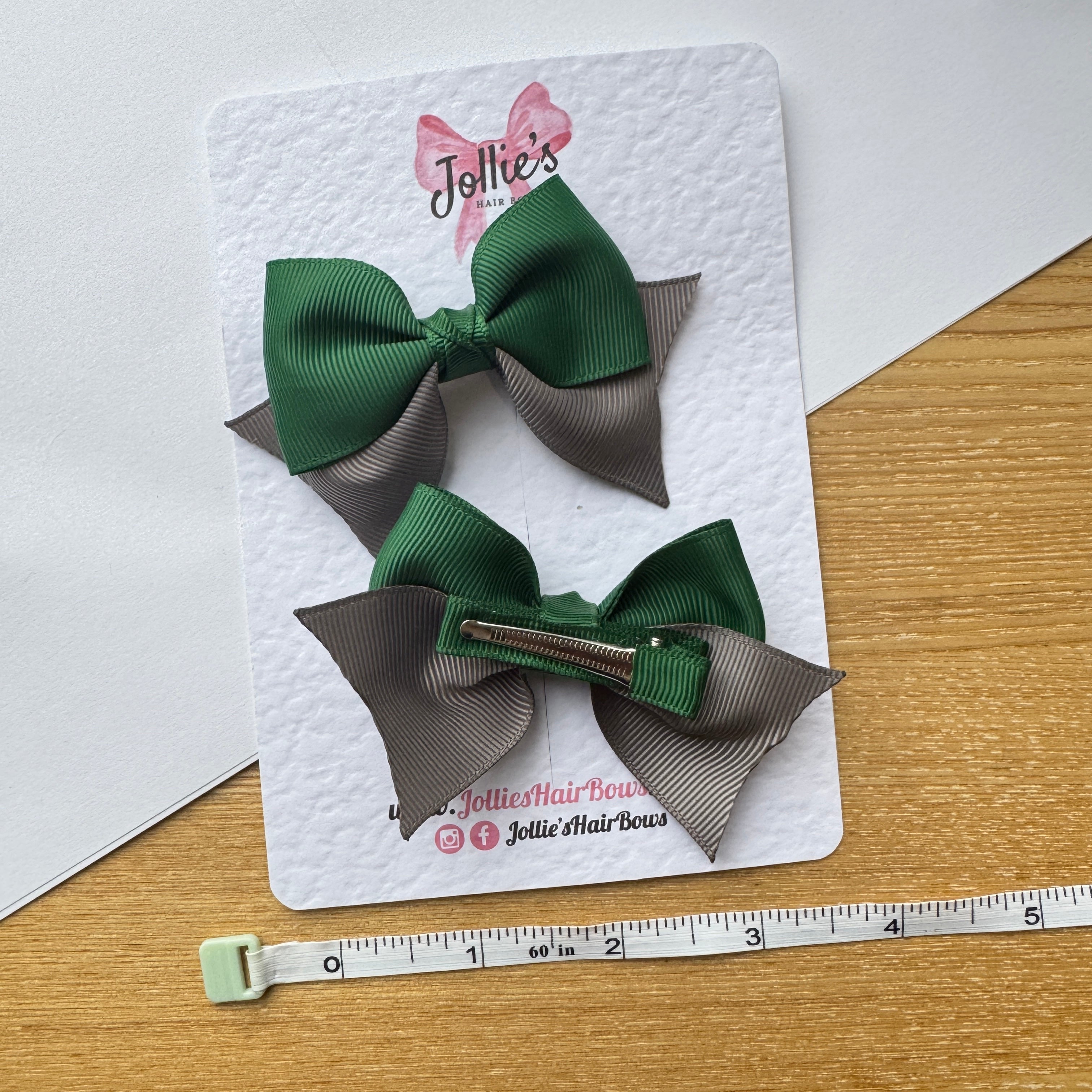 3" Forest Green & Metal Grey Layered Pointed-Tail Hair Bow Pair – Grosgrain Ribbon Clips with Teeth