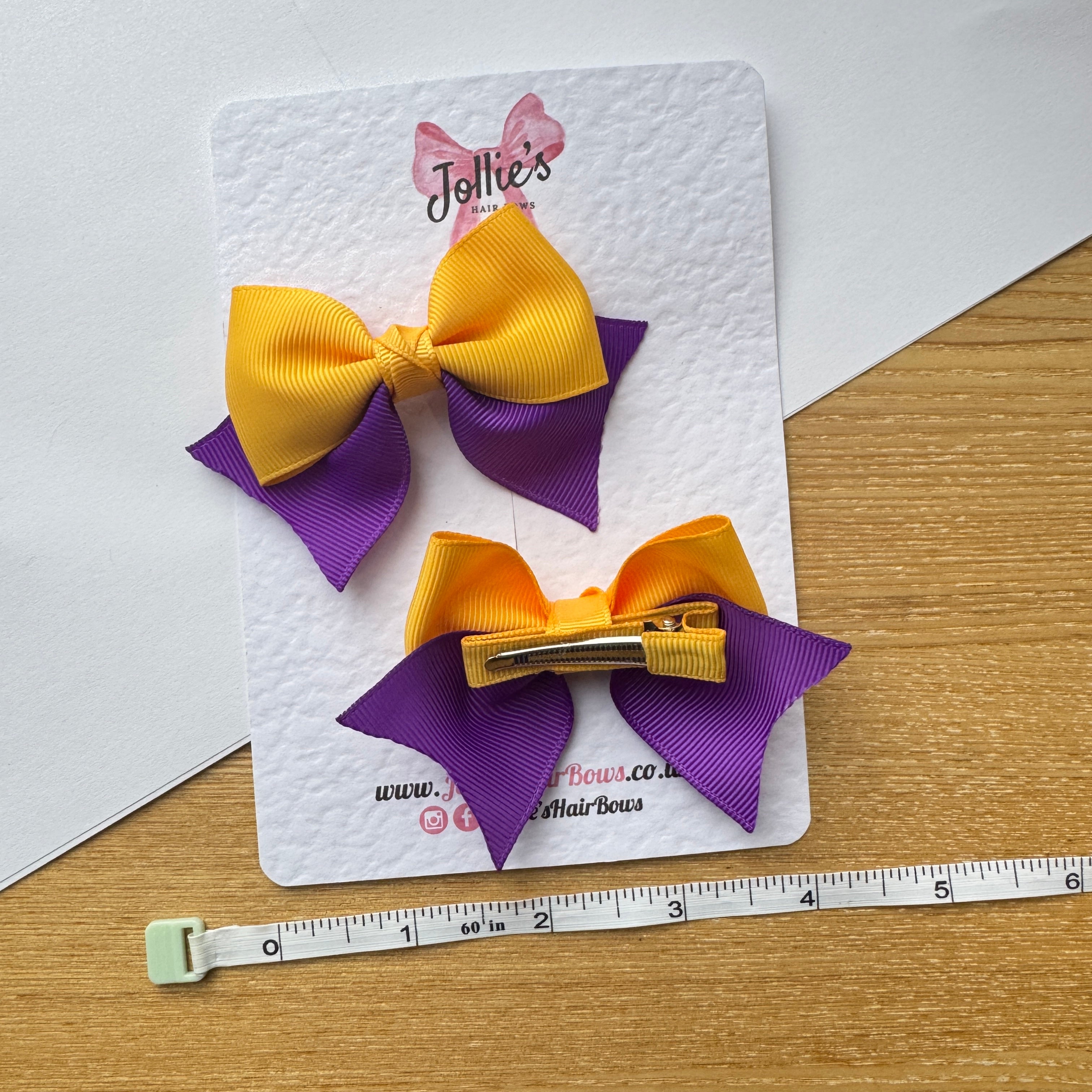 3" Purple & Yellow Gold Layered Pointed-Tail Hair Bow Pair – Grosgrain Ribbon Clips with Teeth