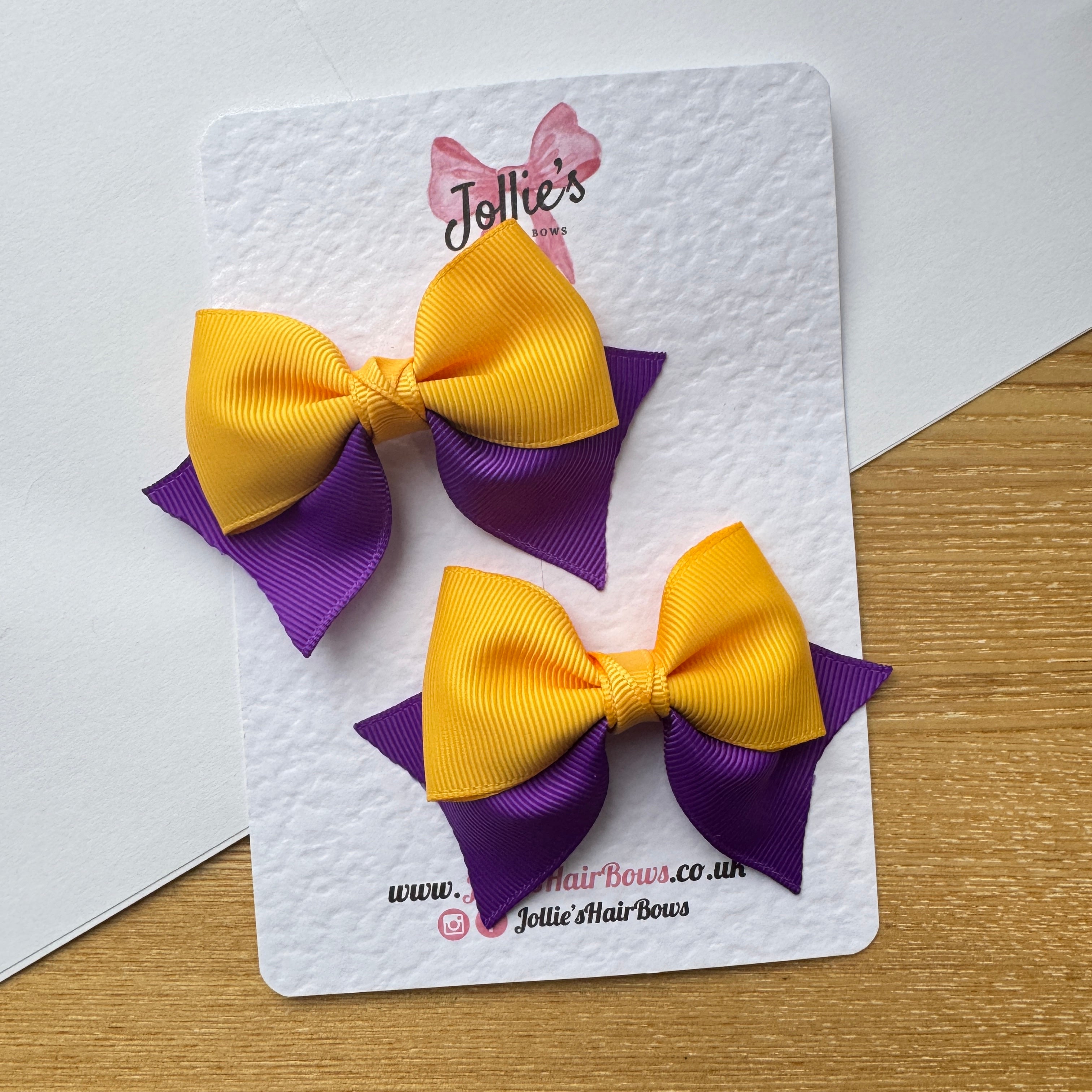 3" Purple & Yellow Gold Layered Pointed-Tail Hair Bow Pair – Grosgrain Ribbon Clips with Teeth