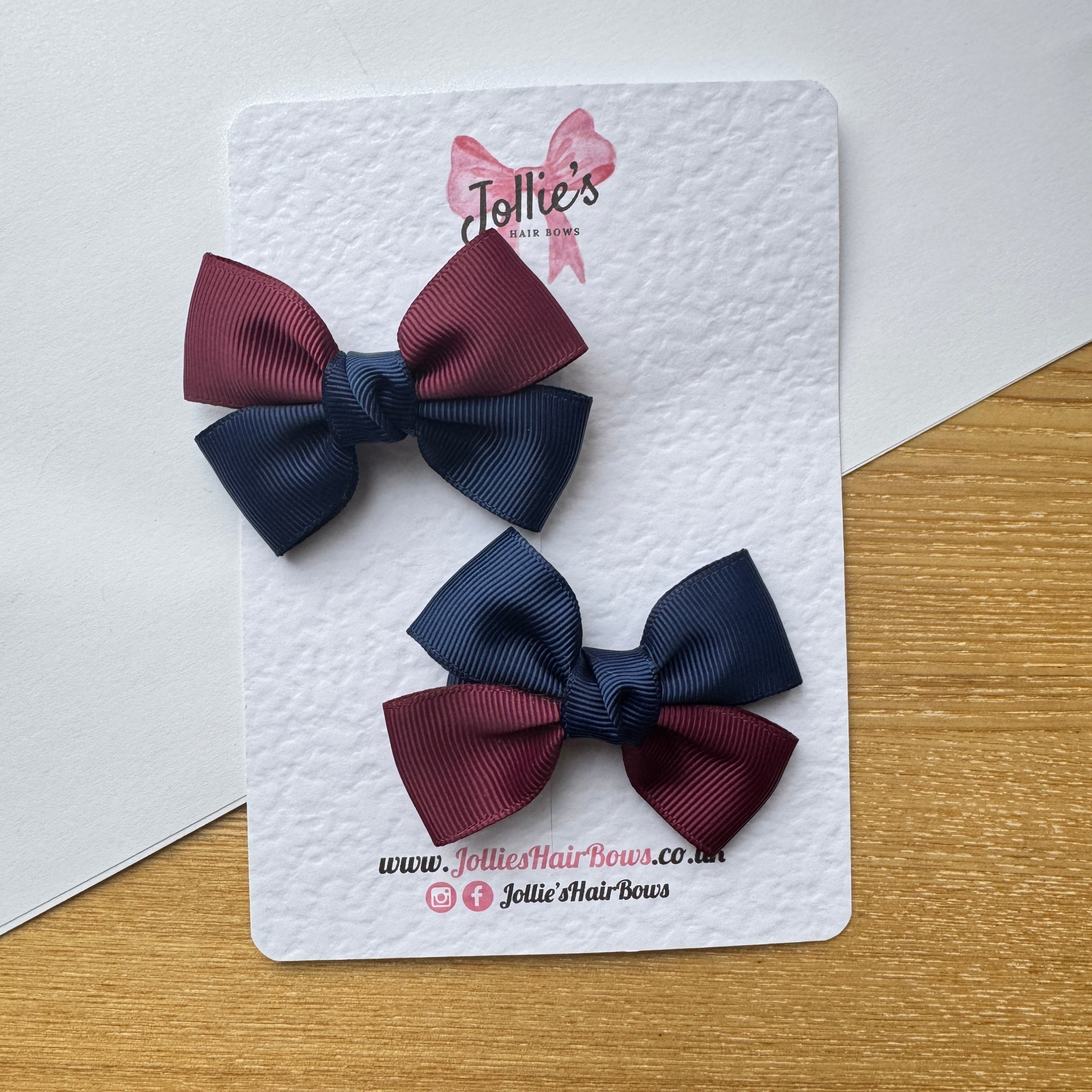 2.5" Burgundy & Navy Classic Hair Bow Pair – Grosgrain Ribbon Clips with Teeth