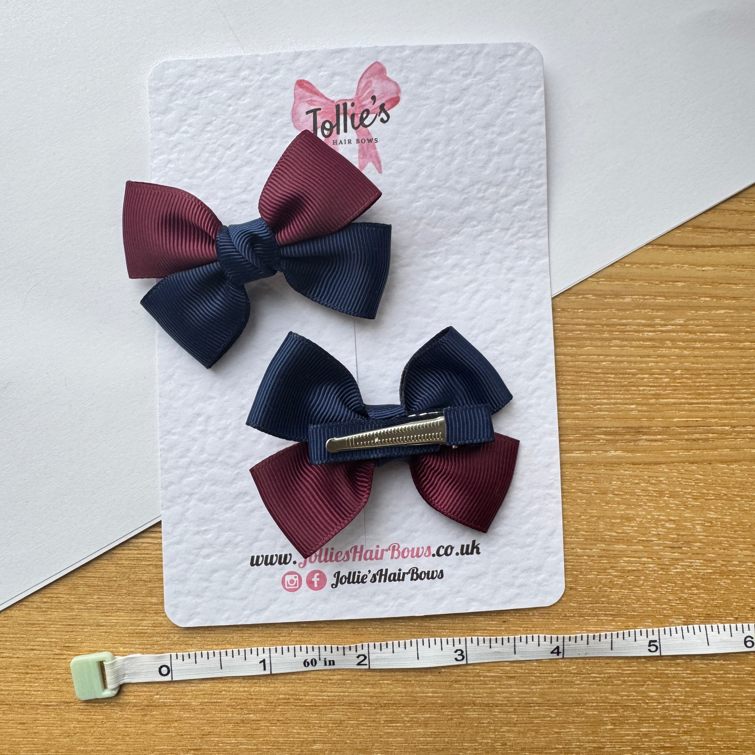 2.5" Burgundy & Navy Classic Hair Bow Pair – Grosgrain Ribbon Clips with Teeth