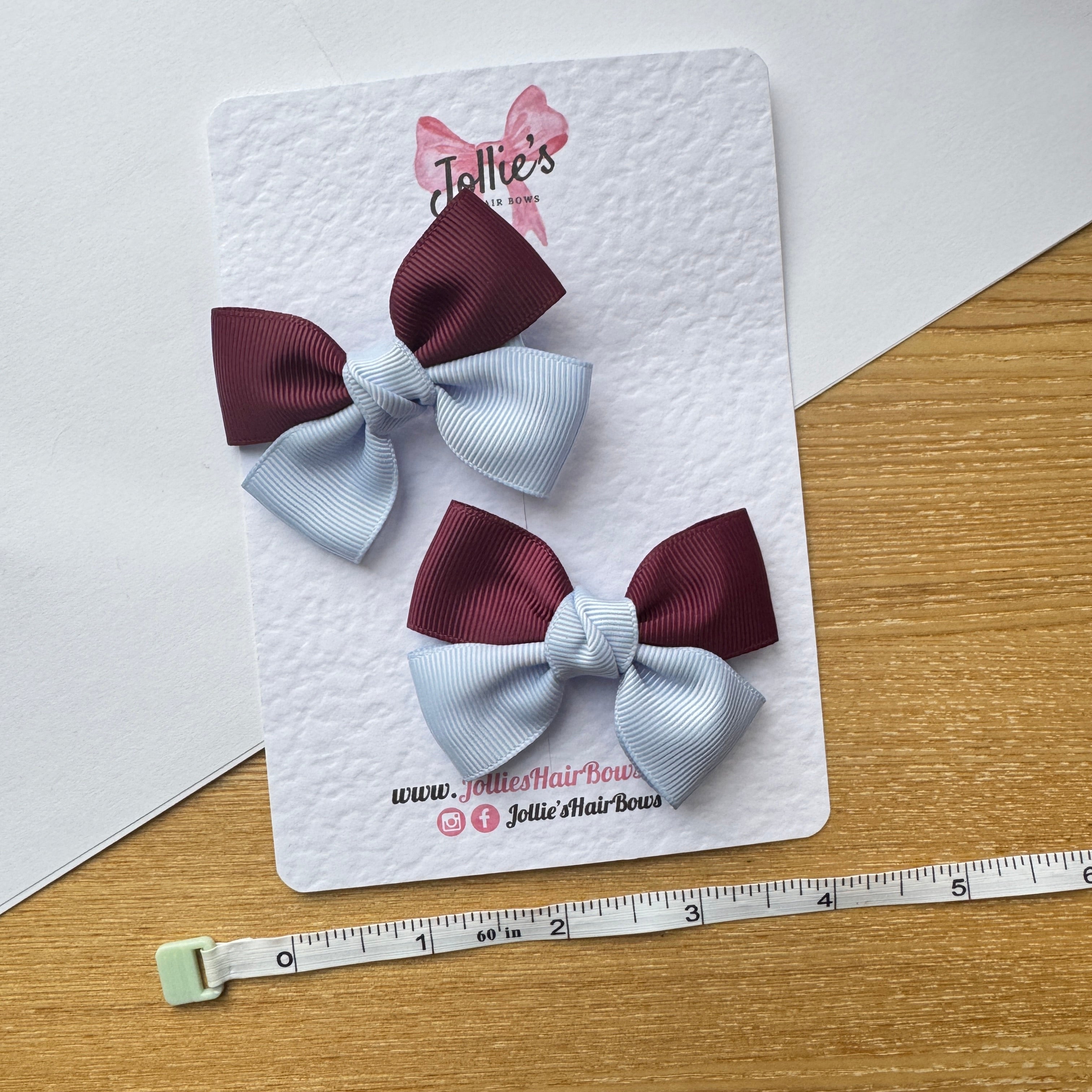 2.5" Burgundy & Bluebell Classic Hair Bow Pair – Grosgrain Ribbon Clips with Teeth