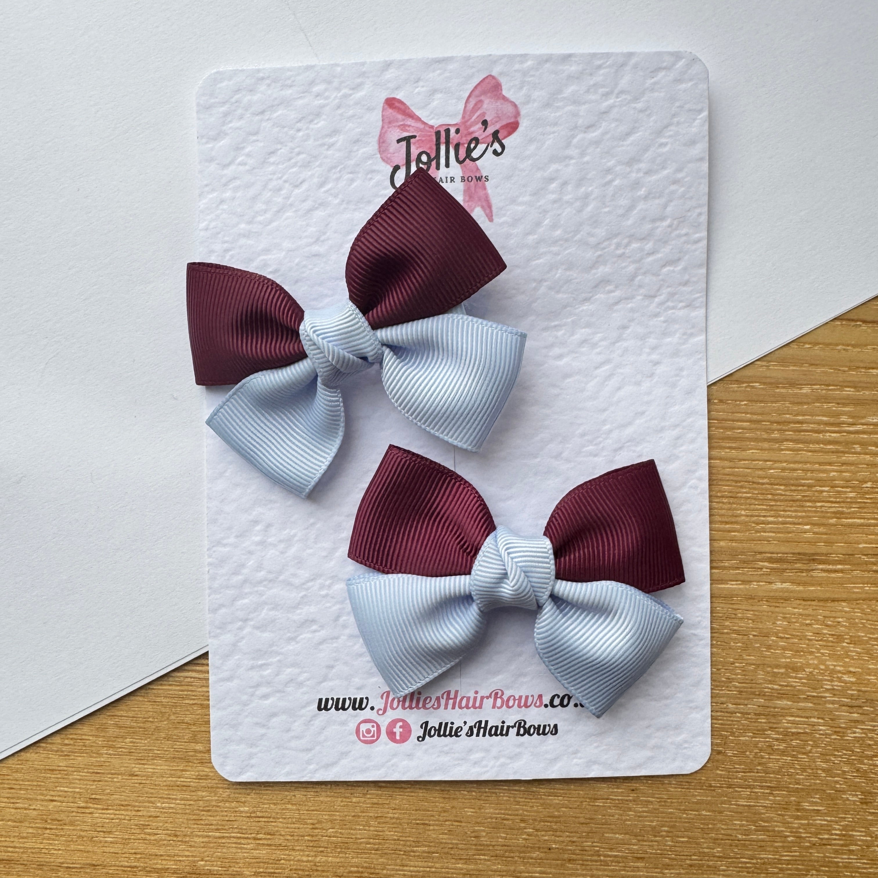 2.5" Burgundy & Bluebell Classic Hair Bow Pair – Grosgrain Ribbon Clips with Teeth