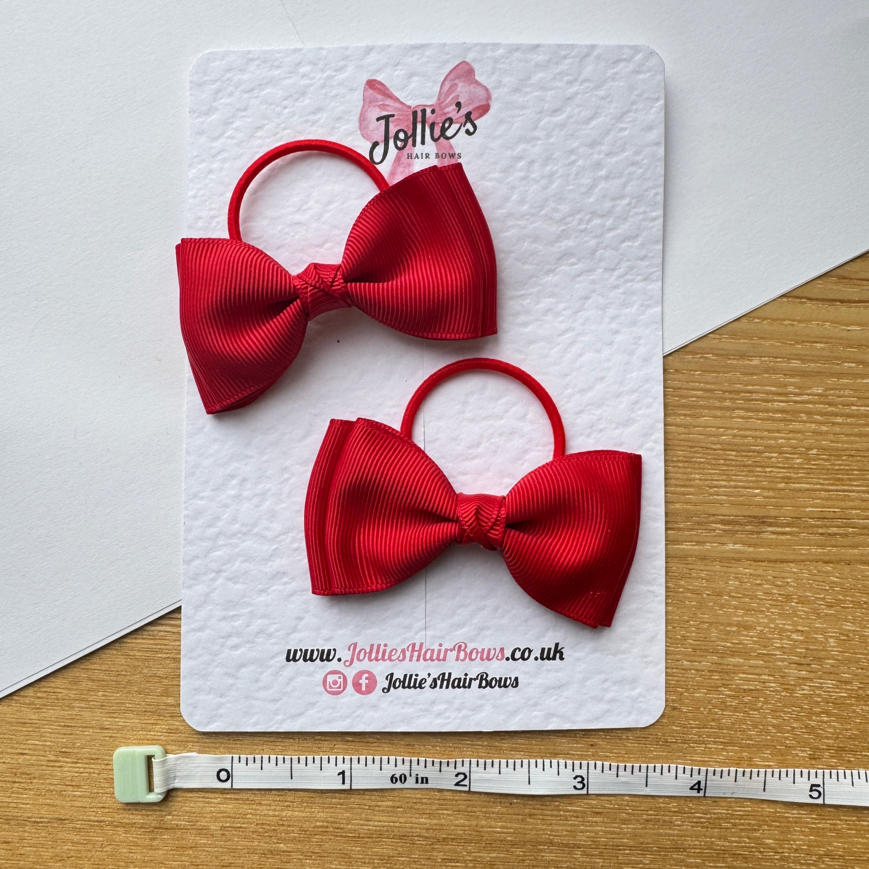 3" Red Flat Double Hair Bows (Pair) – Grosgrain Ribbon on Thin Elastic