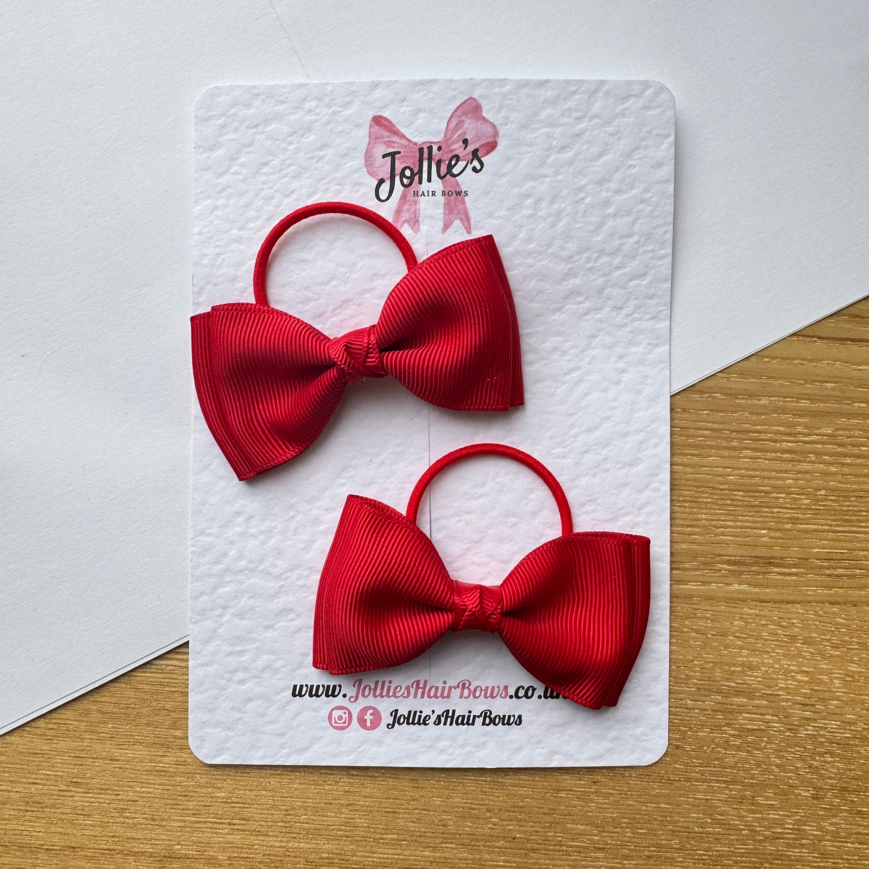 3" Red Flat Double Hair Bows (Pair) – Grosgrain Ribbon on Thin Elastic