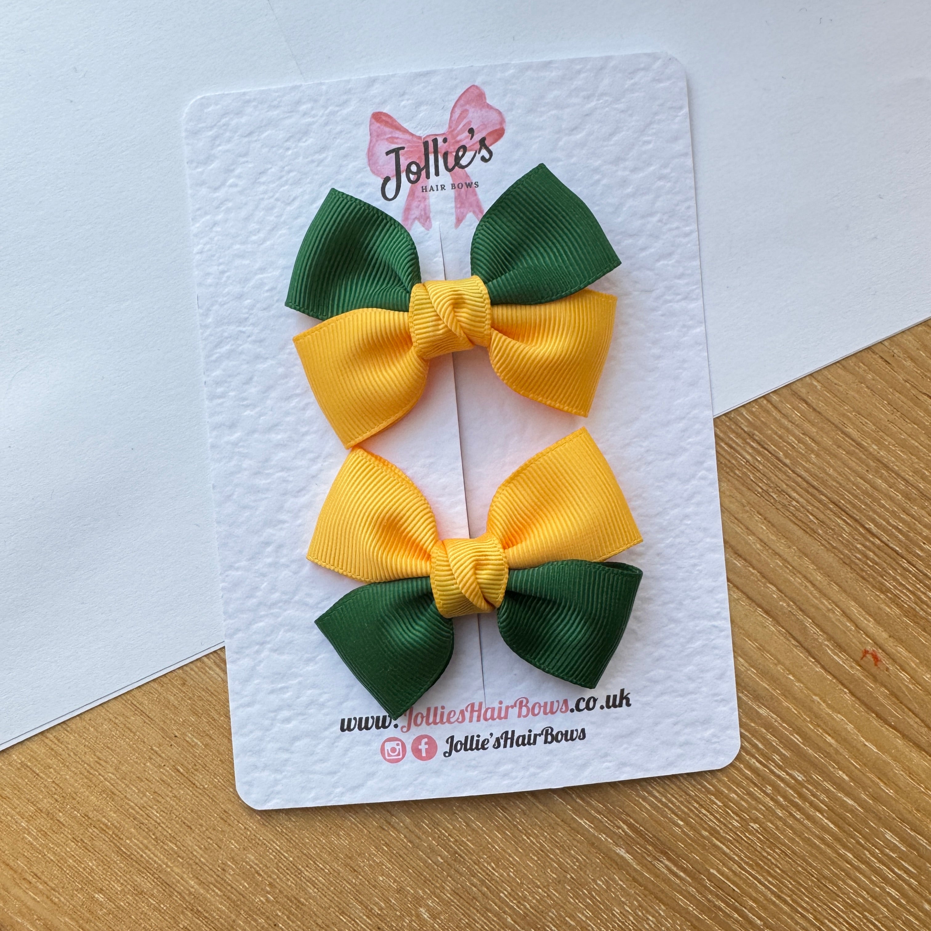 2.5" Yellow Gold & Forest Green Classic Hair Bow Pair – Grosgrain Ribbon Clips with Teeth