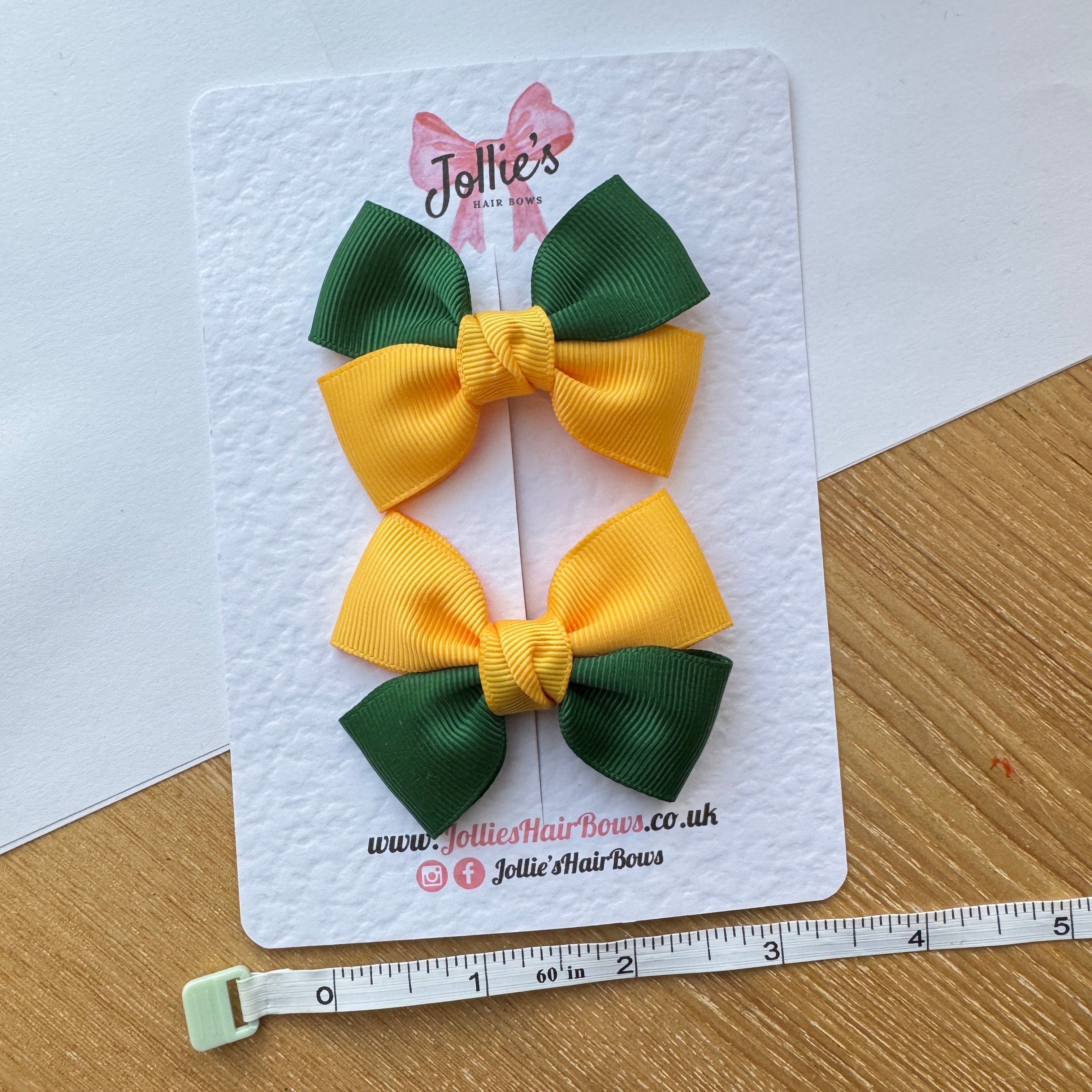 2.5" Yellow Gold & Forest Green Classic Hair Bow Pair – Grosgrain Ribbon Clips with Teeth