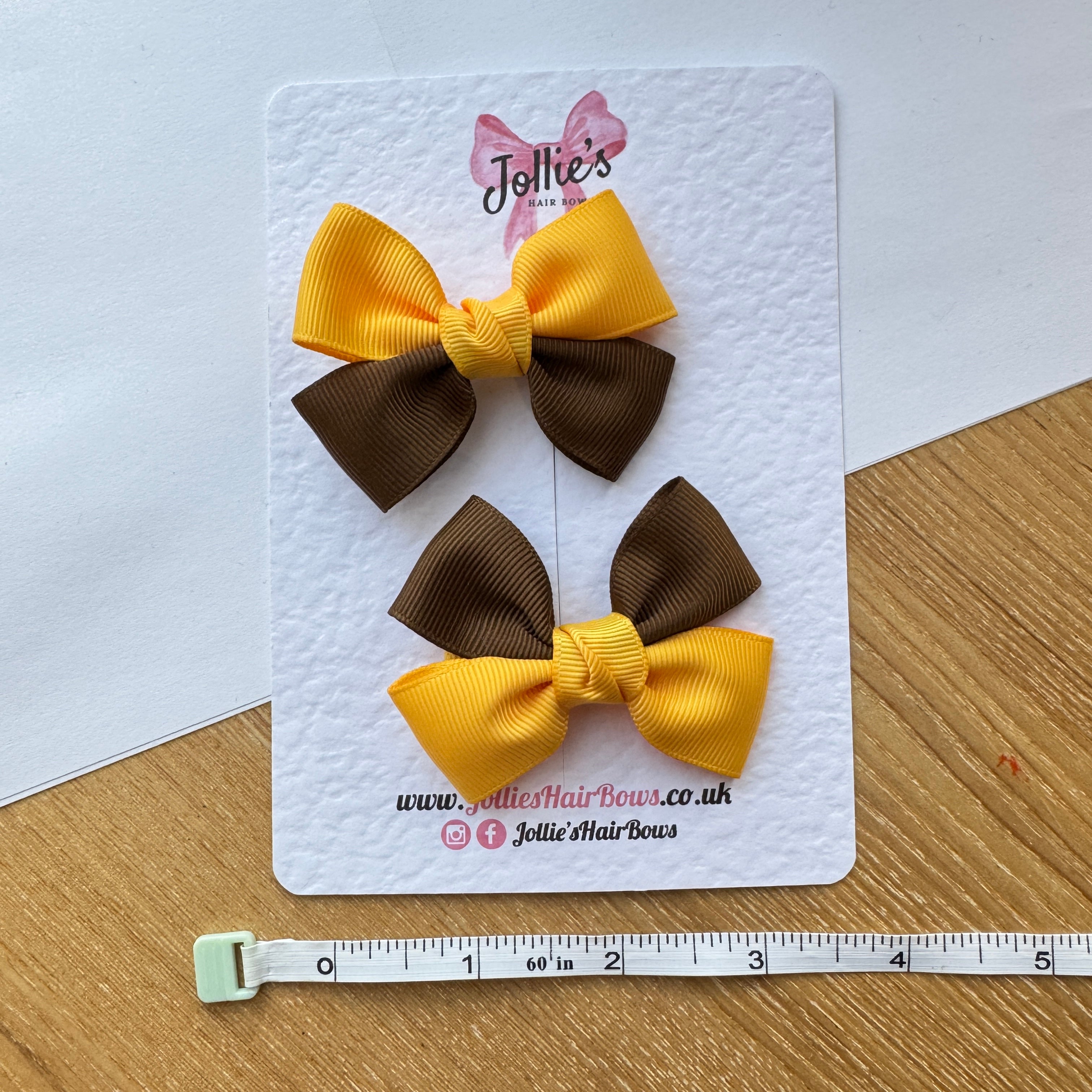 2.5" Yellow Gold & Turftan Classic Hair Bow Pair – Grosgrain Ribbon Clips with Teeth