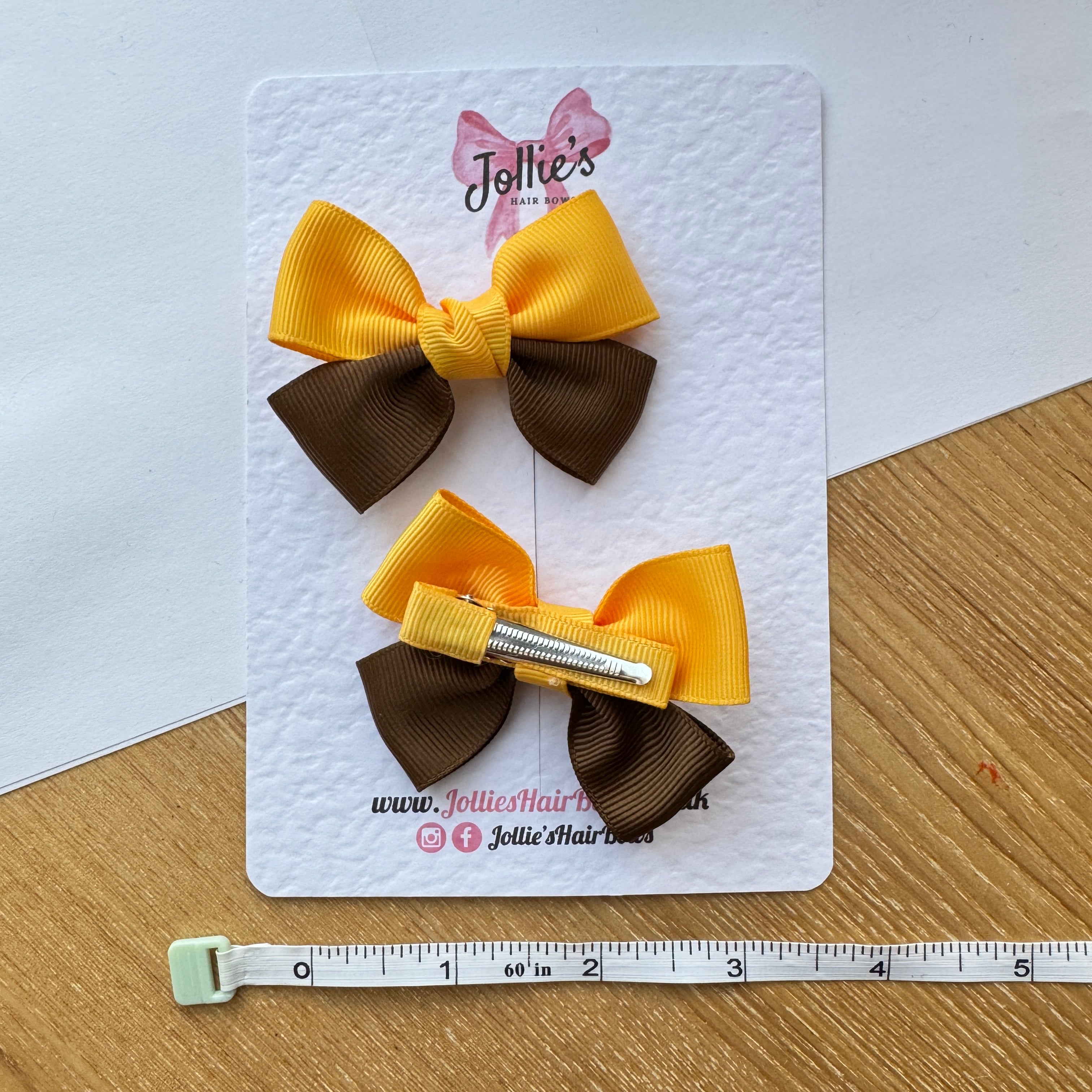 2.5" Yellow Gold & Turftan Classic Hair Bow Pair – Grosgrain Ribbon Clips with Teeth