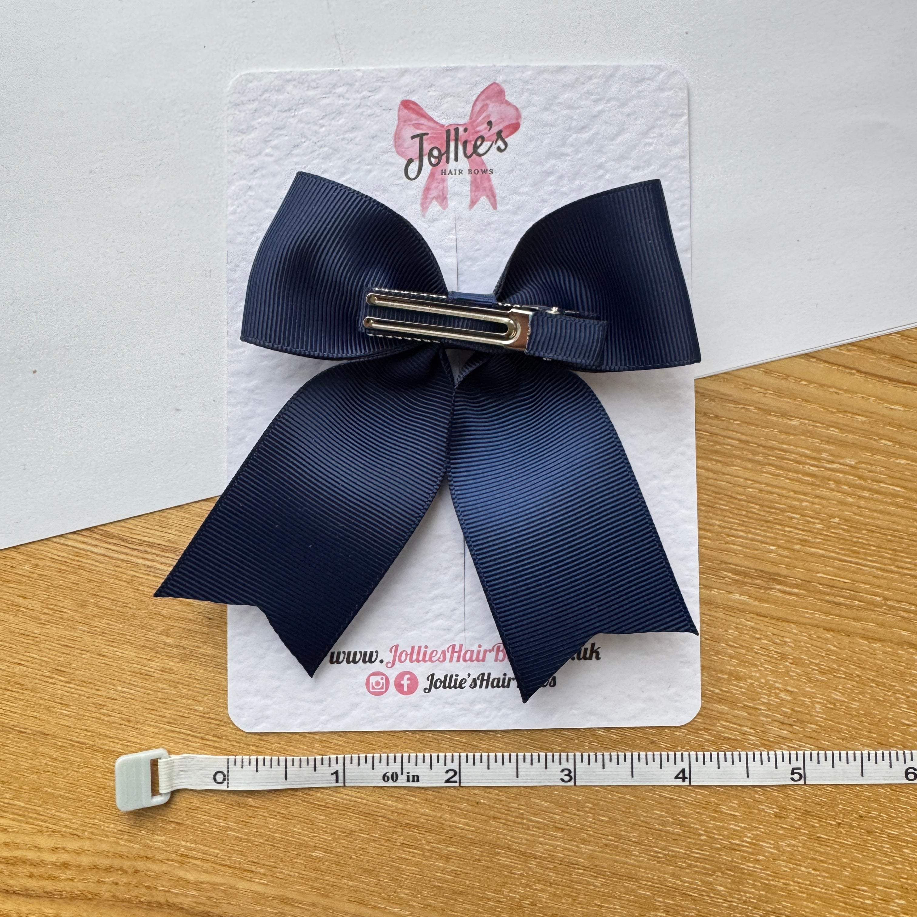 4.5" Navy Tail Hair Bow – Grosgrain Ribbon Clip with Teeth