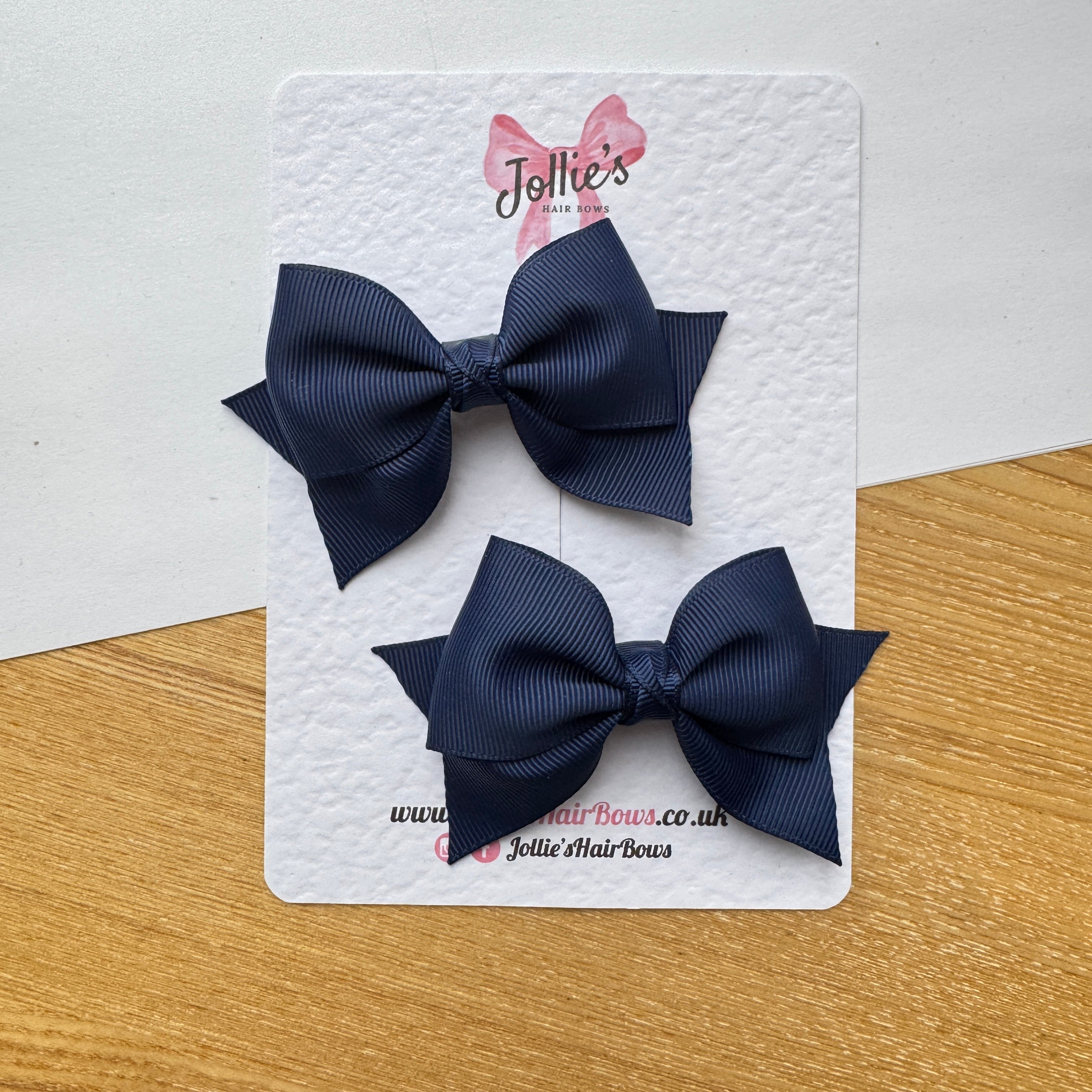3" Navy Layered Pointed-Tail Hair Bow Pair – Grosgrain Ribbon Clips with Teeth