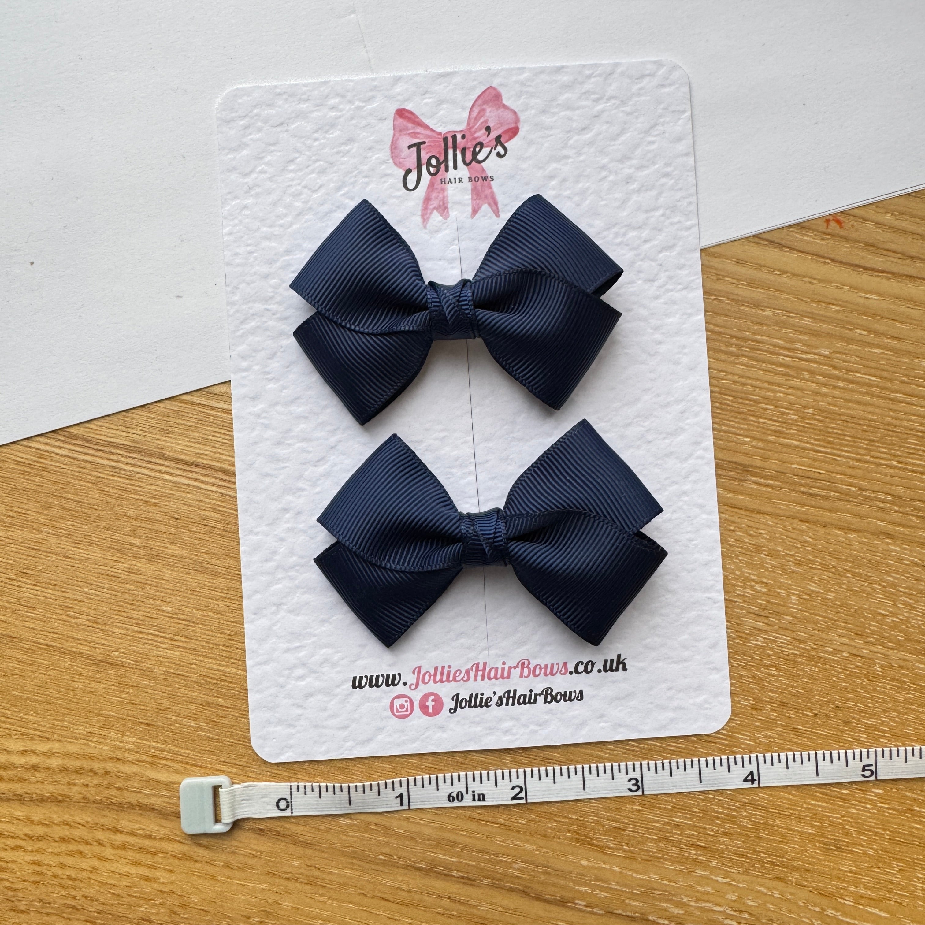 3" Navy Twisty Hair Bow Pair – Grosgrain Ribbon Clips with Teeth