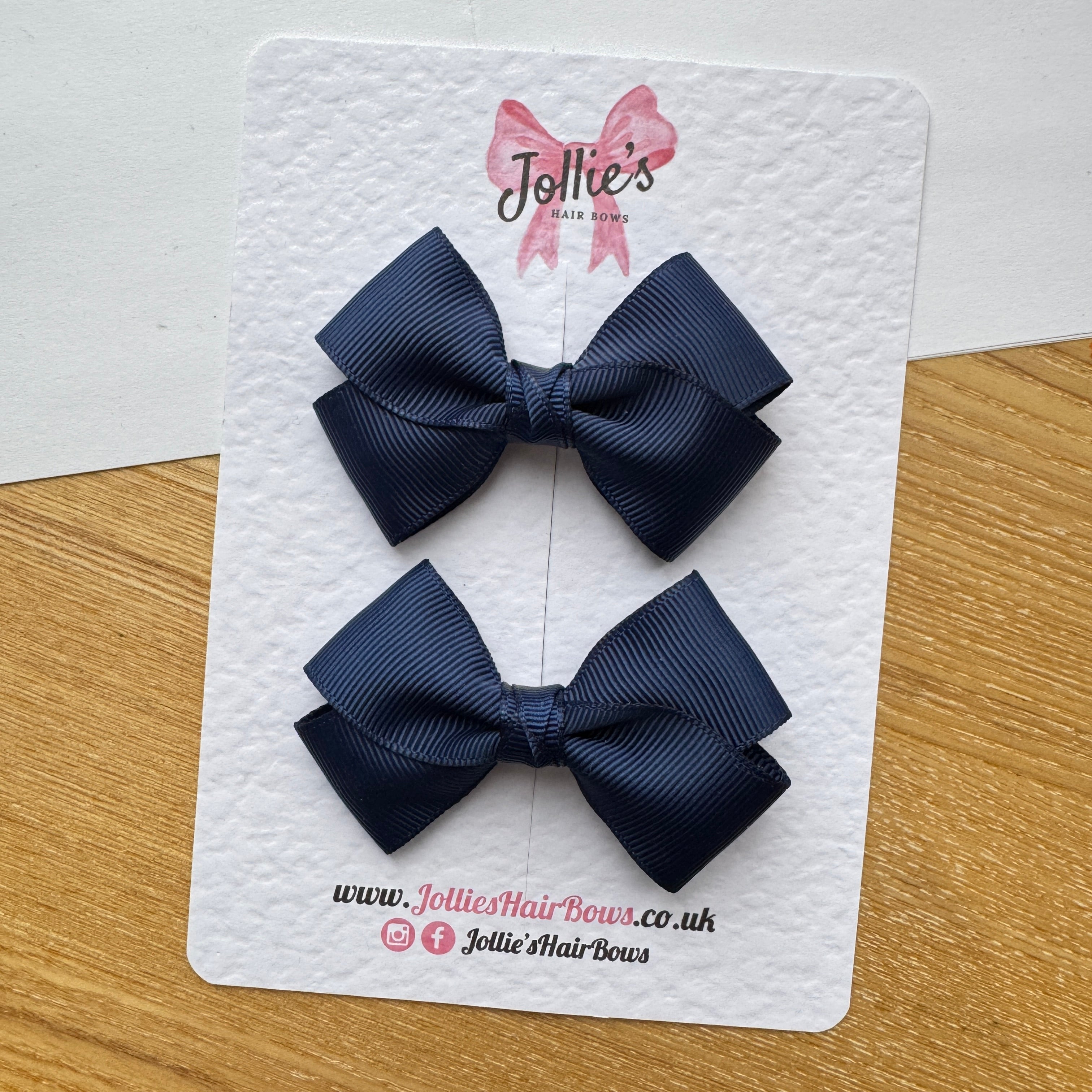 3" Navy Twisty Hair Bow Pair – Grosgrain Ribbon Clips with Teeth