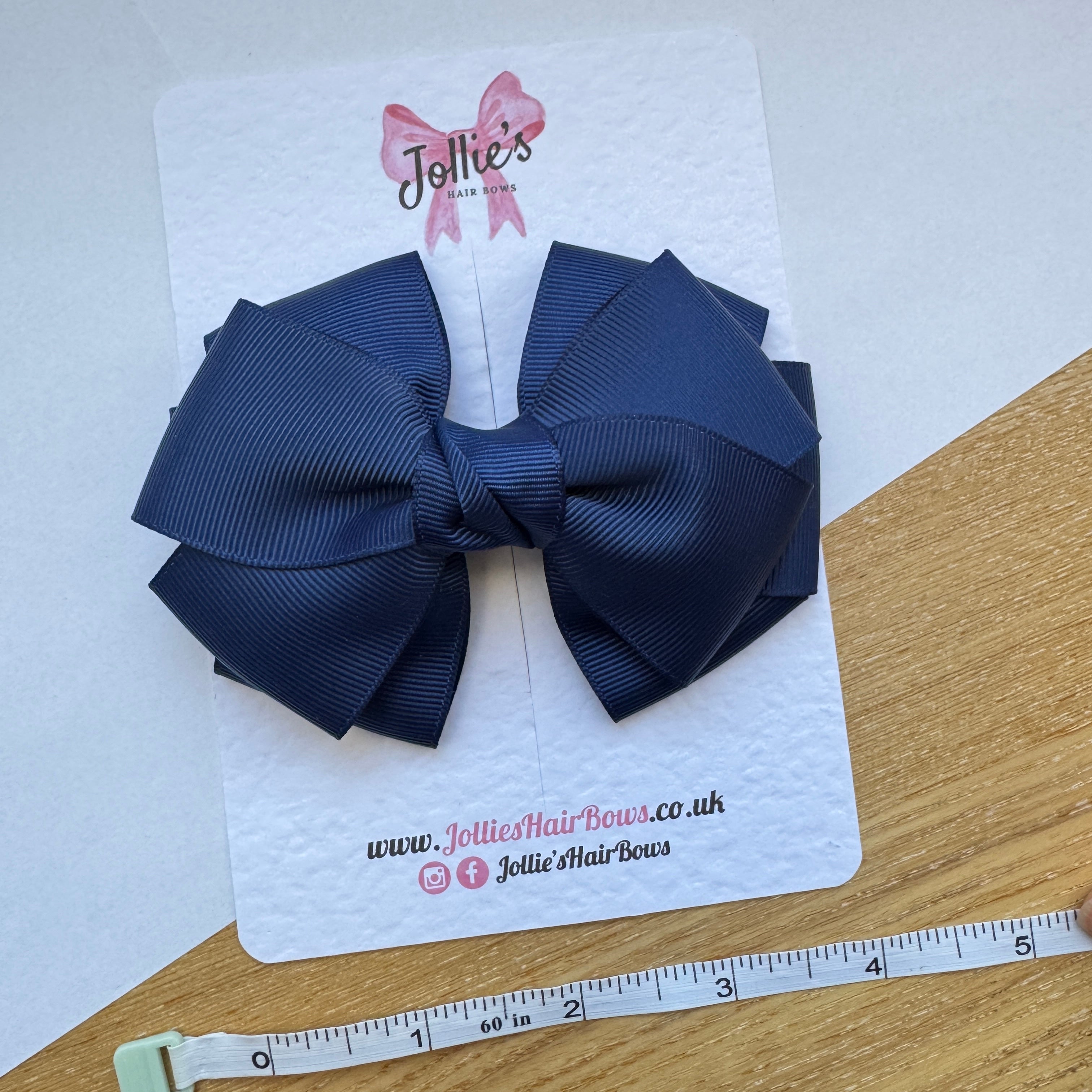 4" Navy Double Layer Statement Hair Bow – Grosgrain Ribbon Clip with Teeth