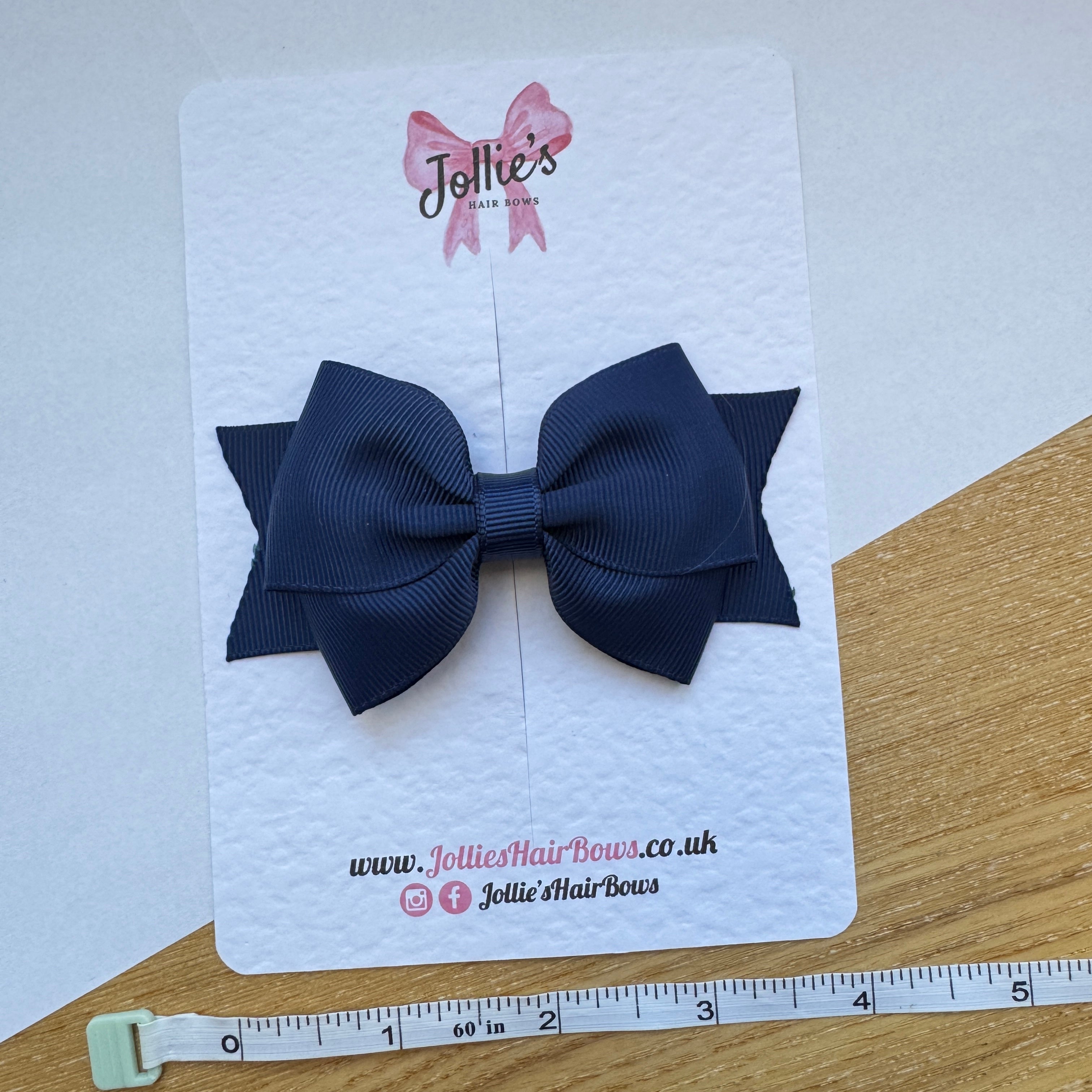 4" Navy Double Tail Hair Bow – Grosgrain Ribbon Clip with Teeth