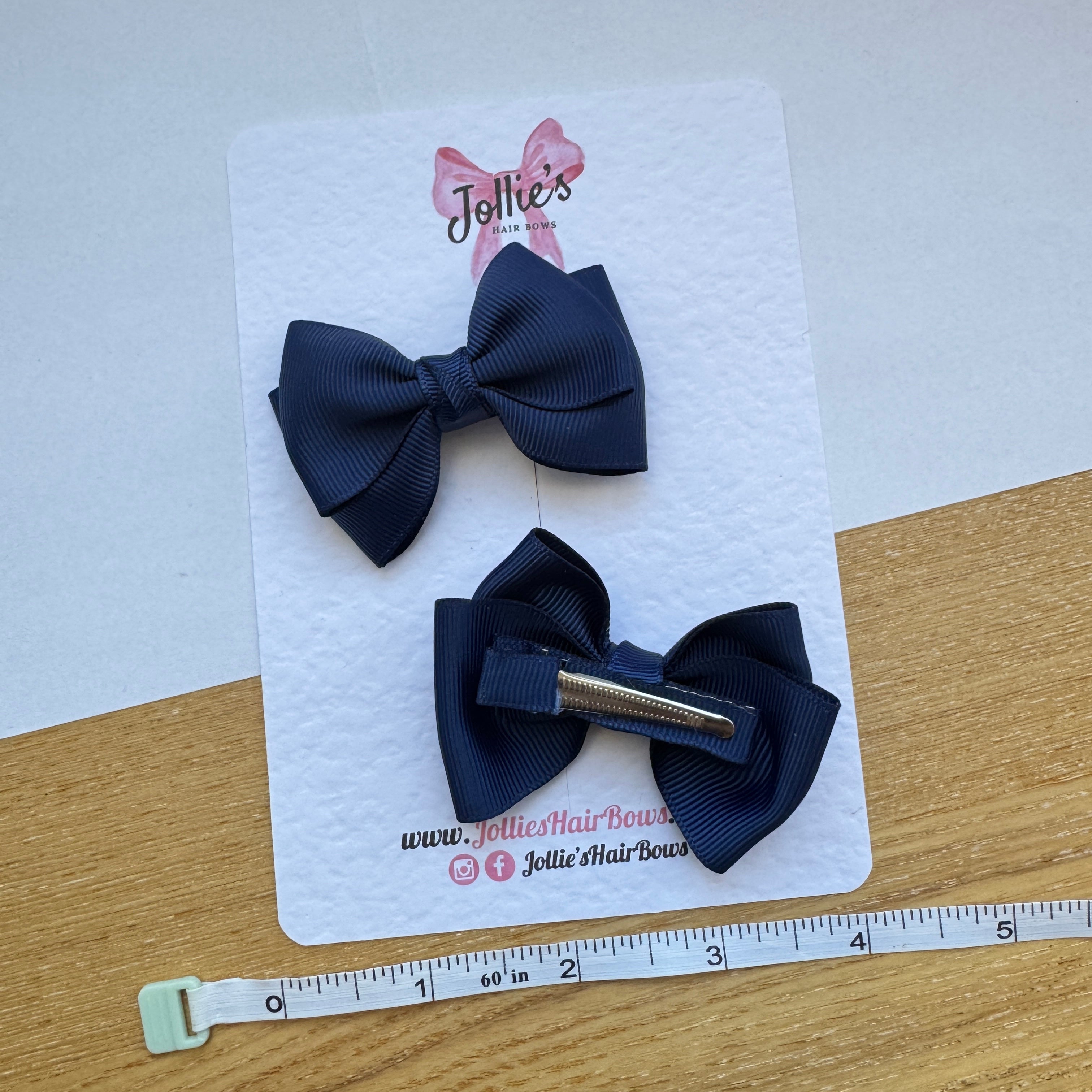 3" Navy Classic Layered Hair Bow Pair – Grosgrain Ribbon Clips with Teeth