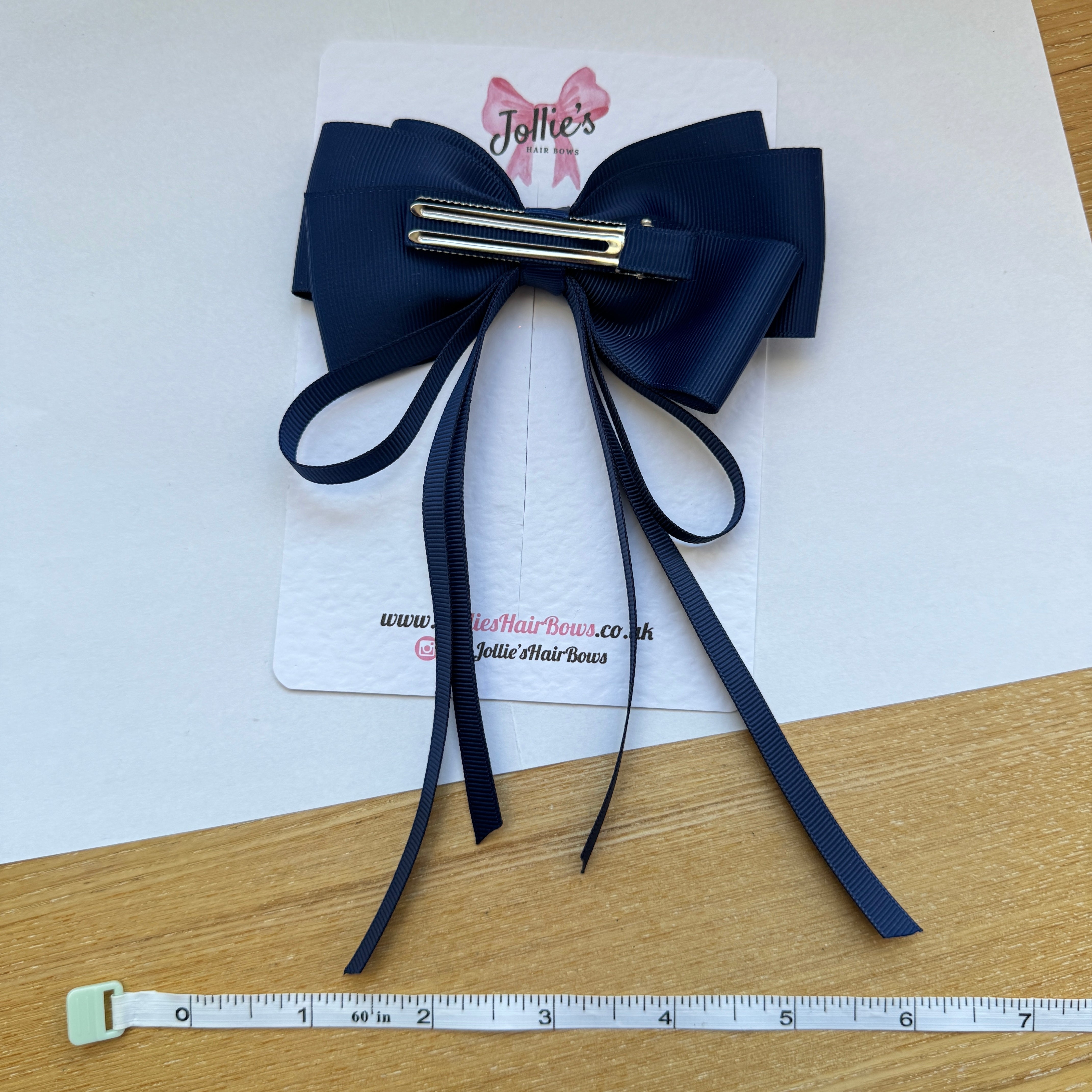 5" Navy Triple Layers Tail Bow – Grosgrain Ribbon Clip with Teeth
