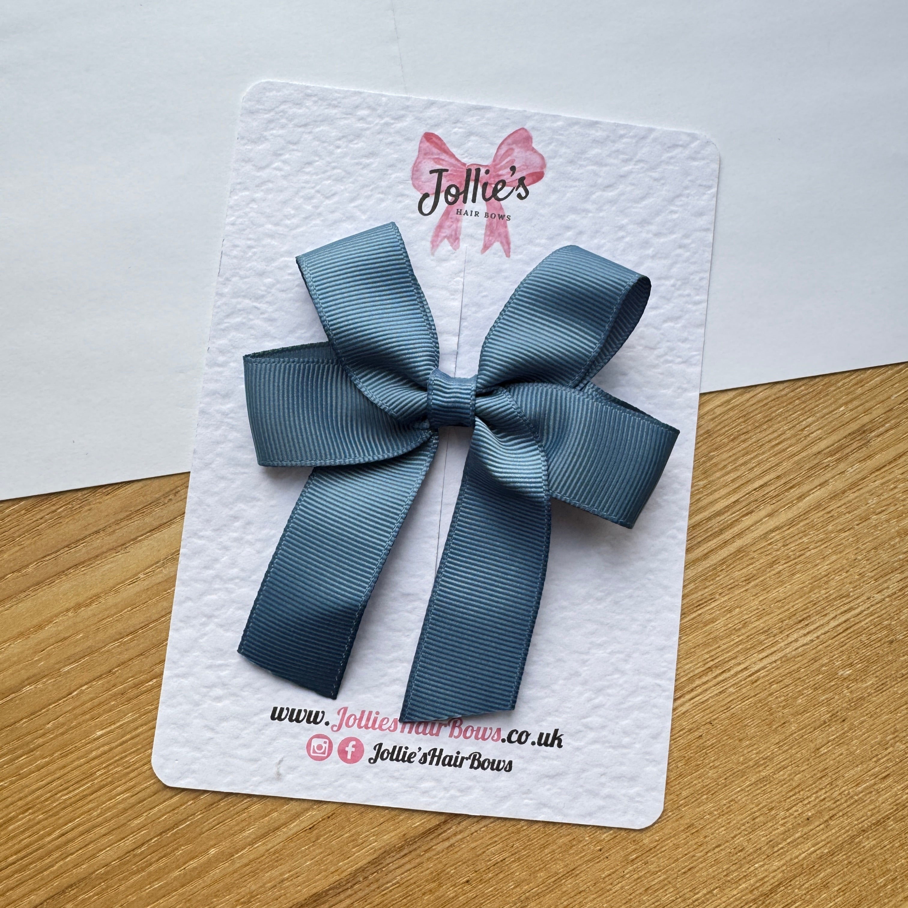 3.5" Antique Blue Long Tail Hair Bow – Grosgrain Ribbon Alligator Clip