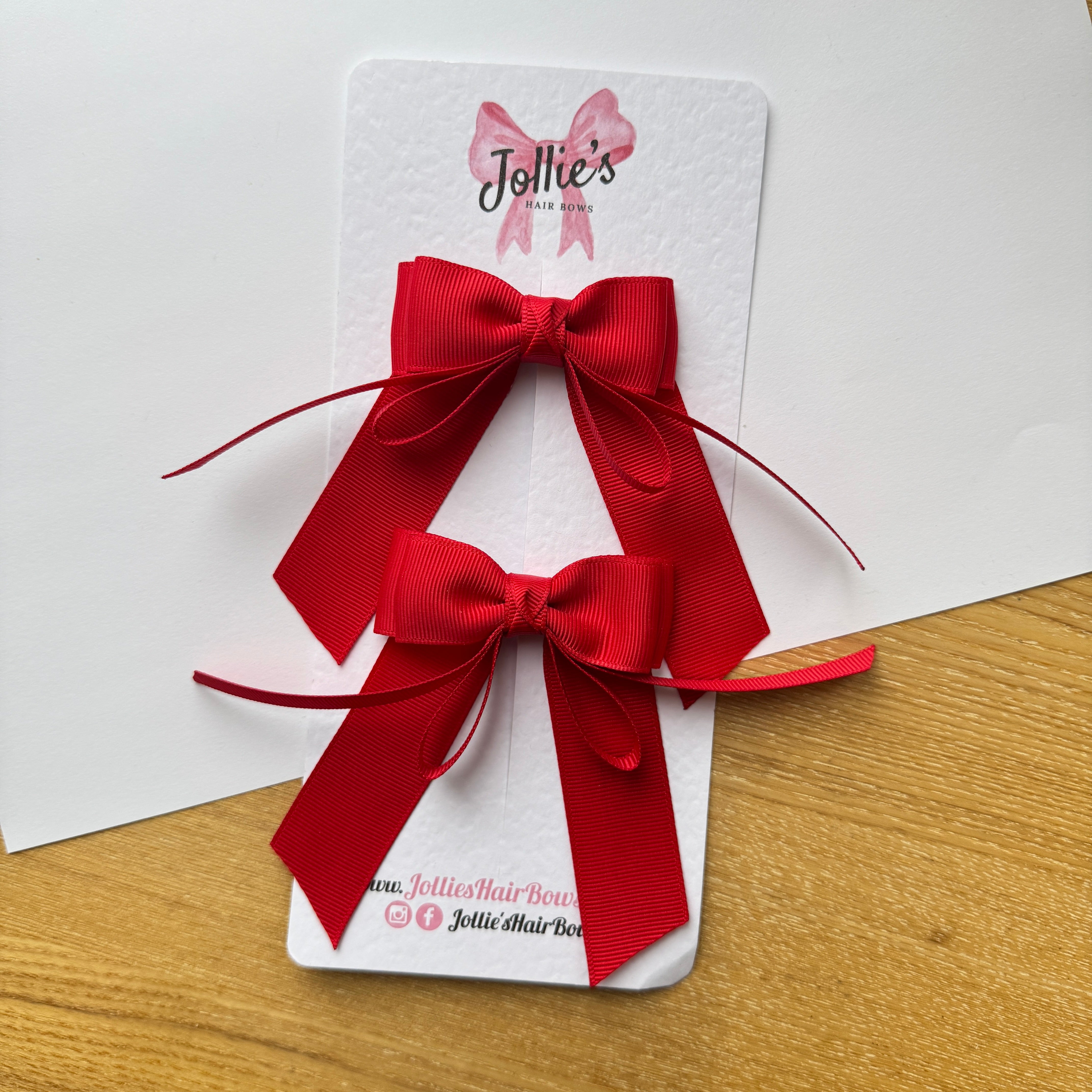 3" Red Long Tail Ribbon Hair Bow Pair – Grosgrain Ribbon Clips with Teeth