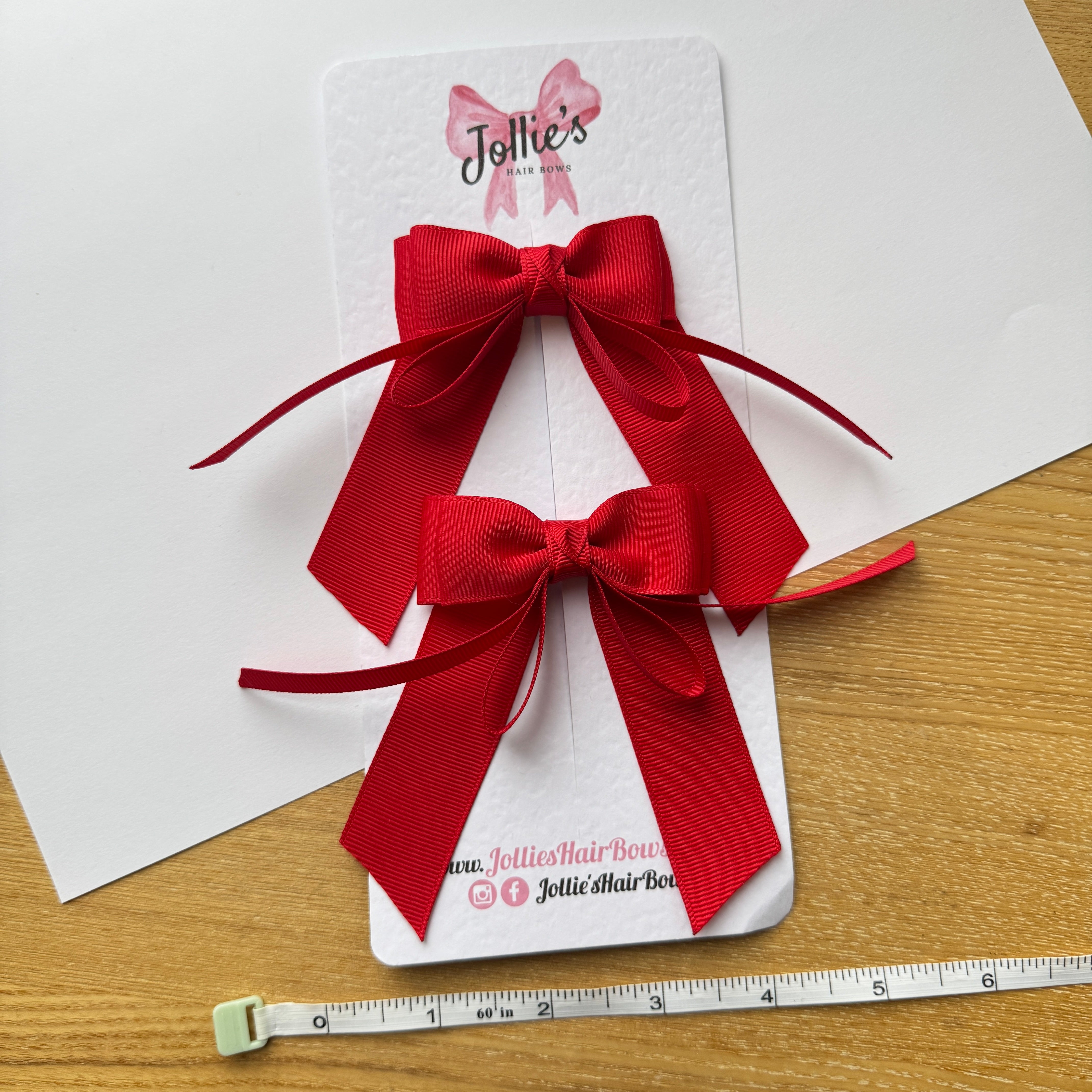 3" Red Long Tail Ribbon Hair Bow Pair – Grosgrain Ribbon Clips with Teeth