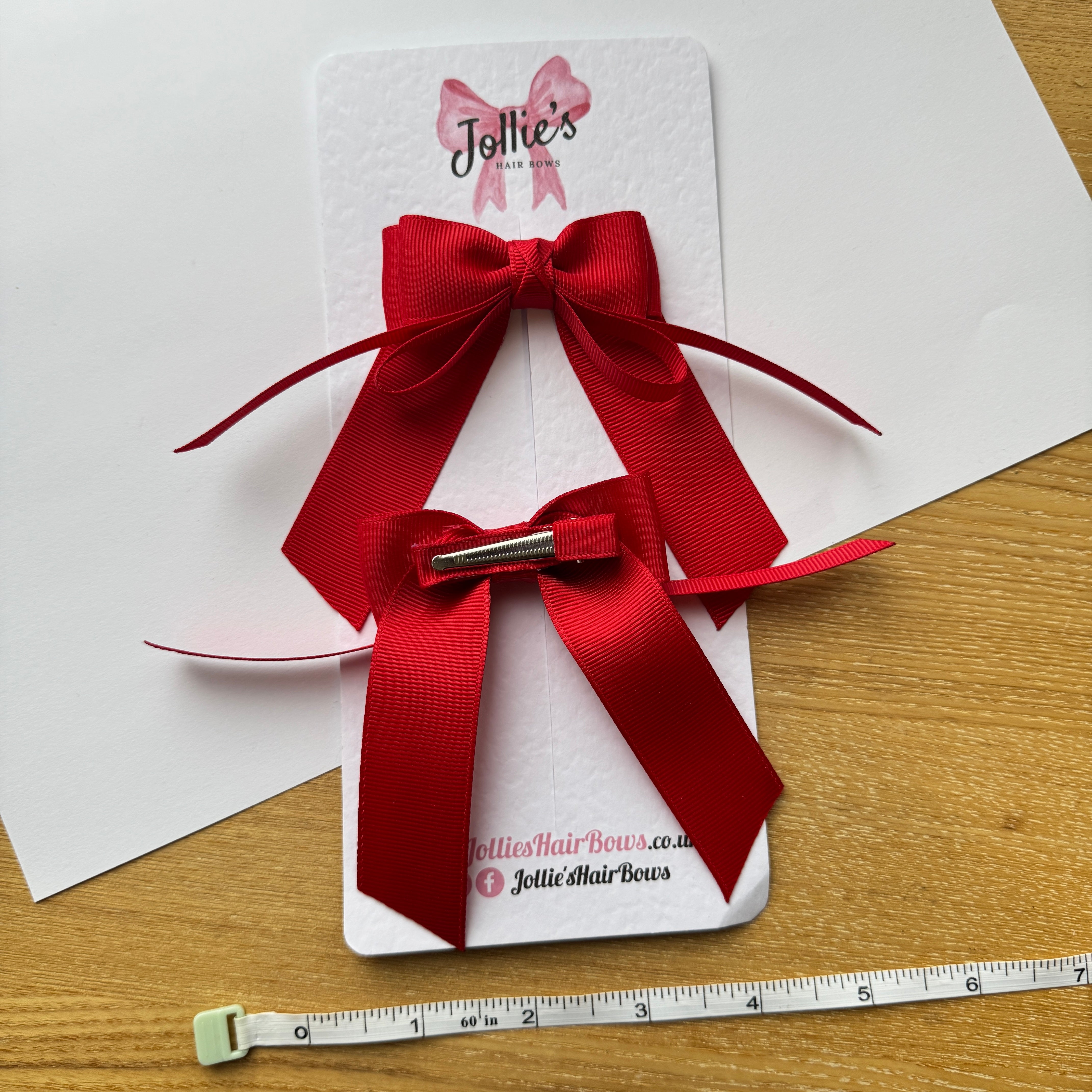 3" Red Long Tail Ribbon Hair Bow Pair – Grosgrain Ribbon Clips with Teeth