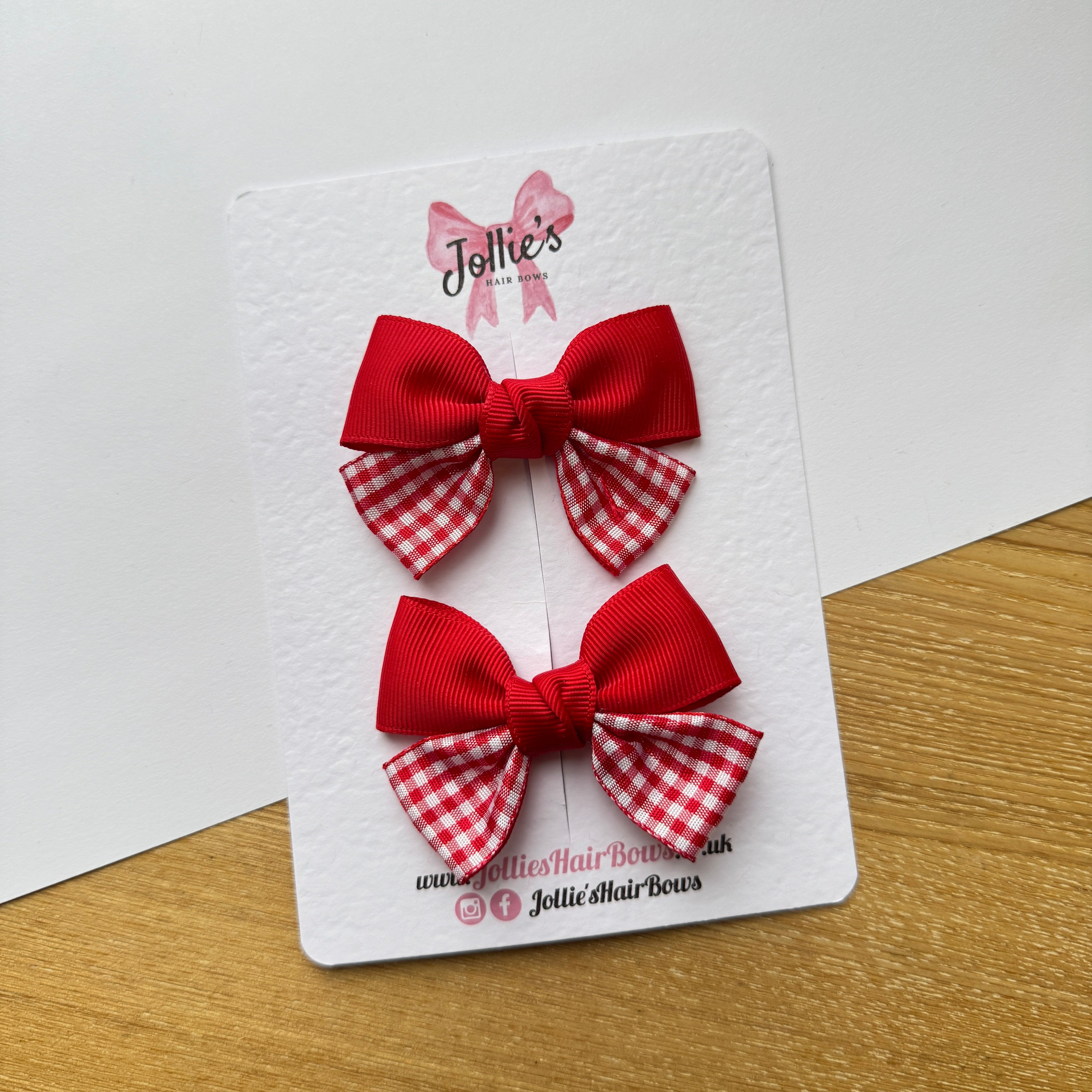 2.5" Red Gingham Classic Hair Bow Pair – Grosgrain Ribbon Clips with Teeth