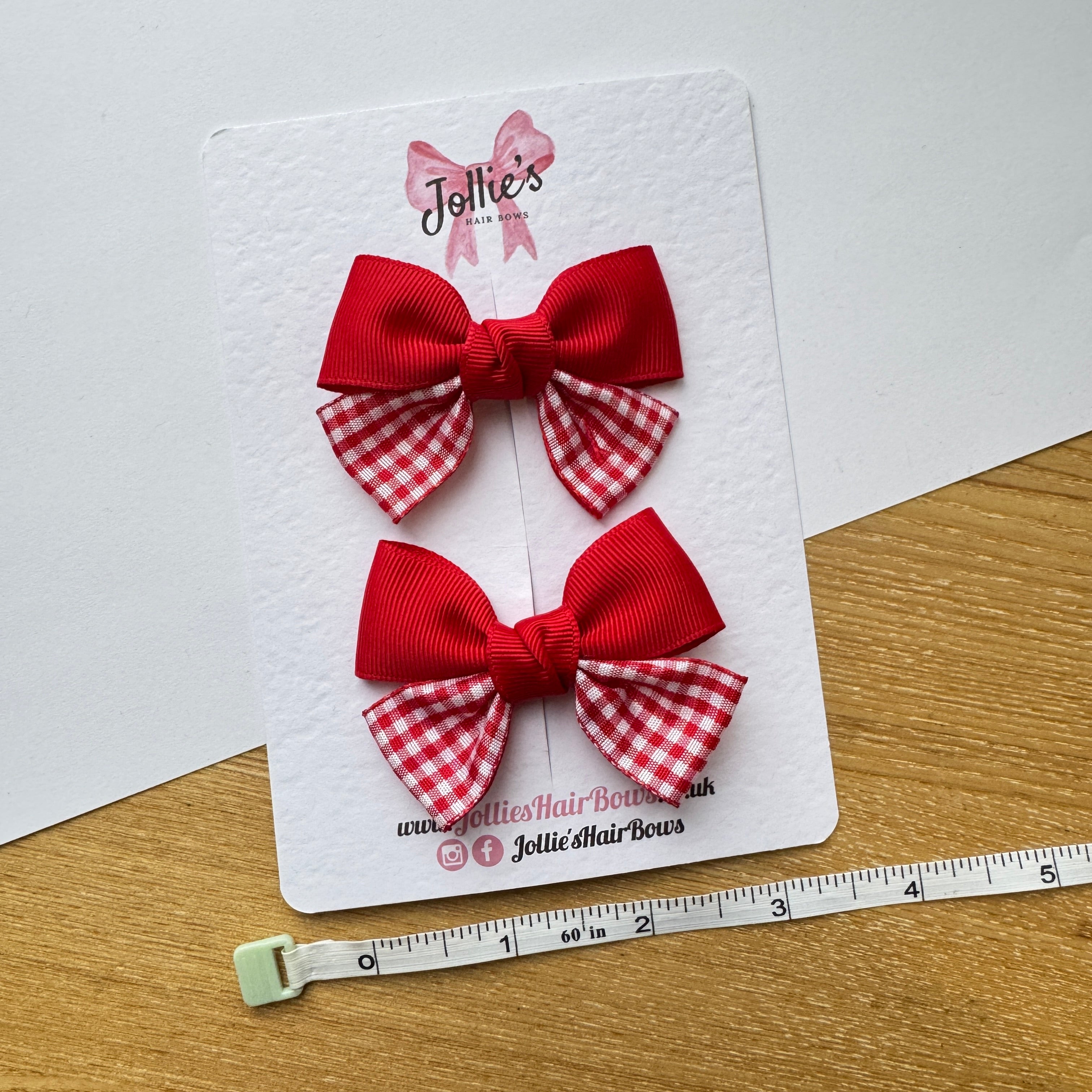 2.5" Red Gingham Classic Hair Bow Pair – Grosgrain Ribbon Clips with Teeth