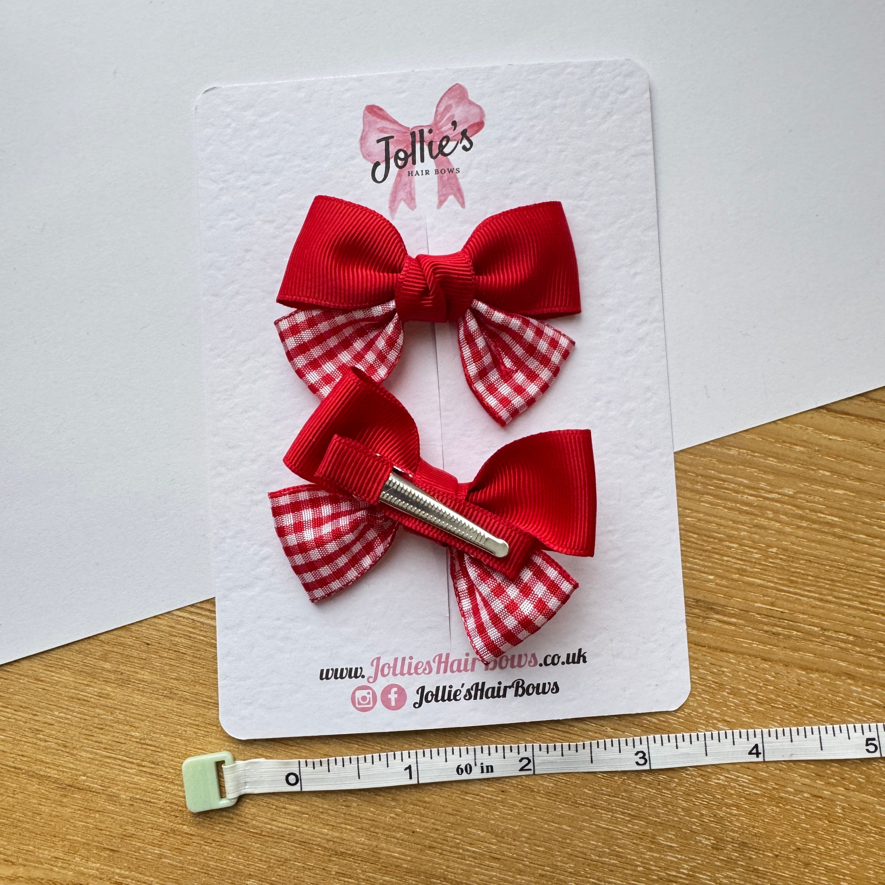 2.5" Red Gingham Classic Hair Bow Pair – Grosgrain Ribbon Clips with Teeth
