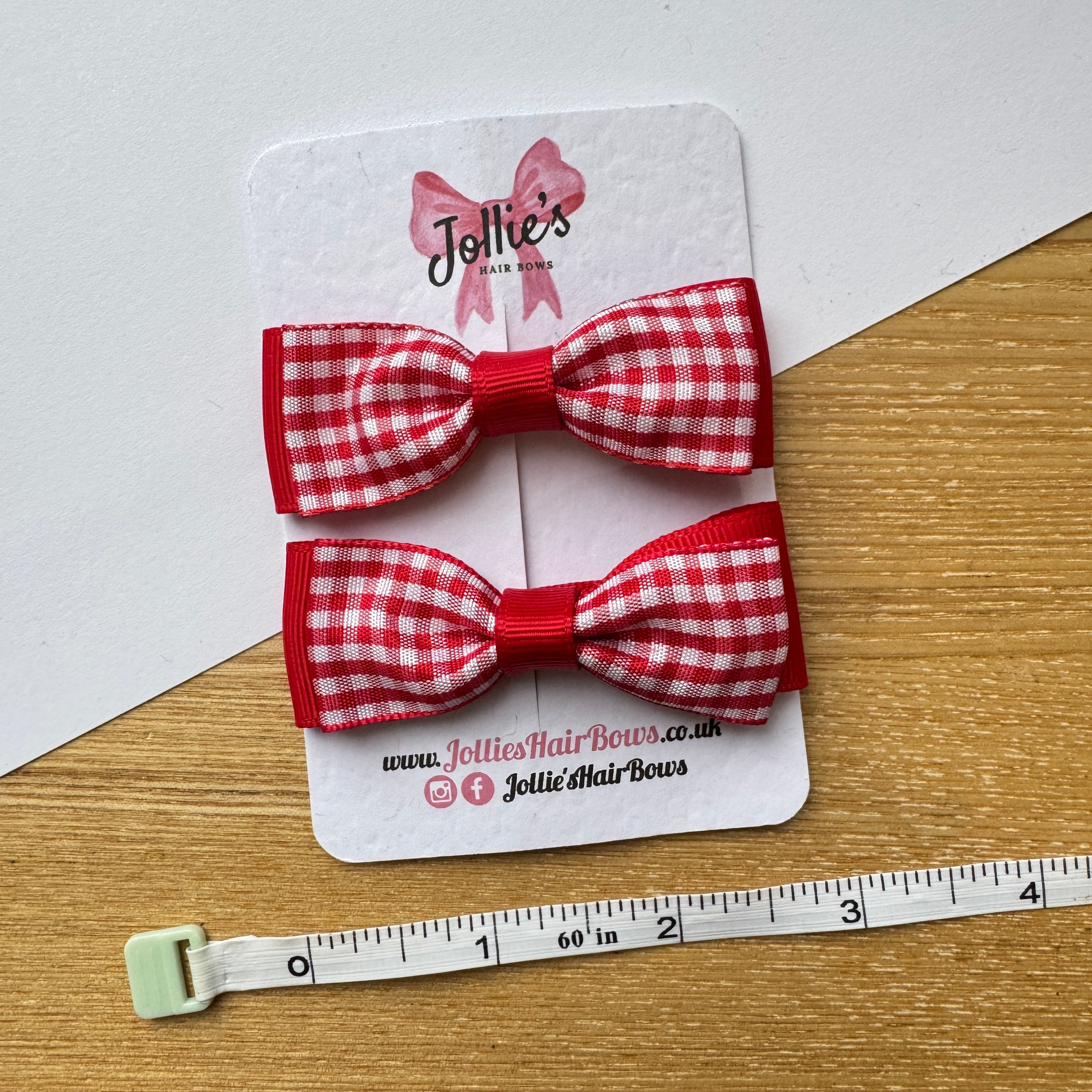 2.5" Red Gingham Bow Clip Set – Hair Bows for Girls (Pair)