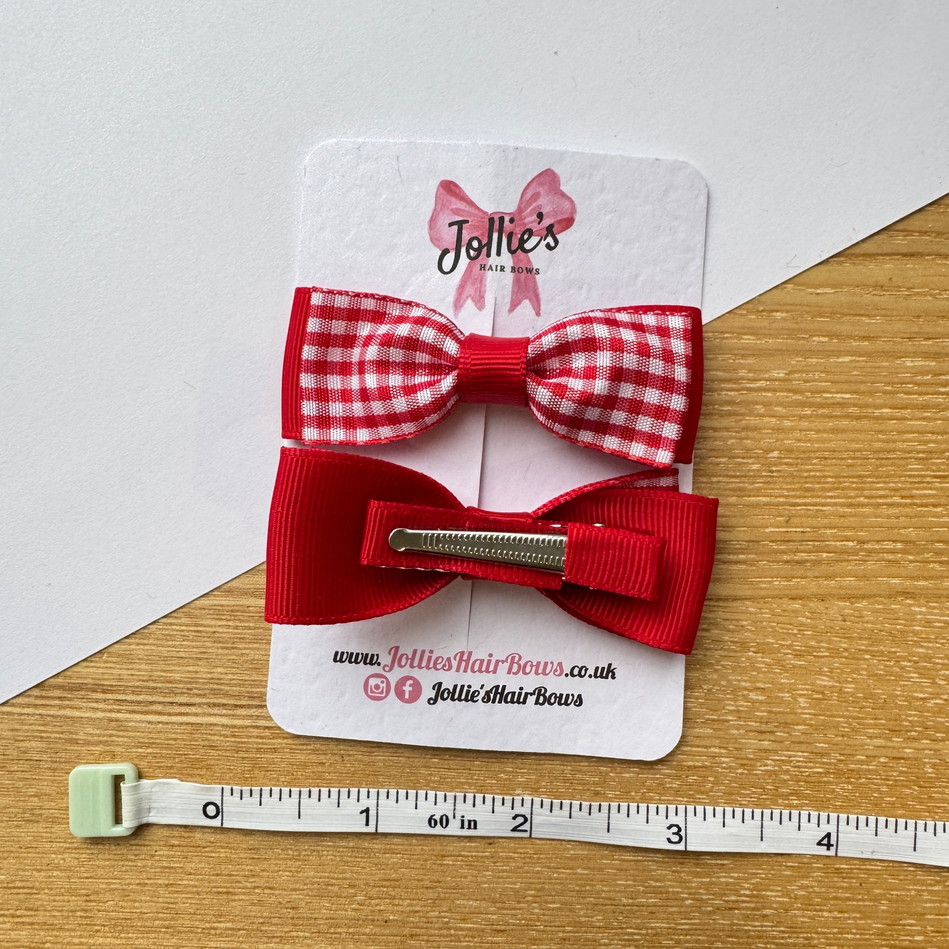 2.5" Red Gingham Bow Clip Set – Hair Bows for Girls (Pair)