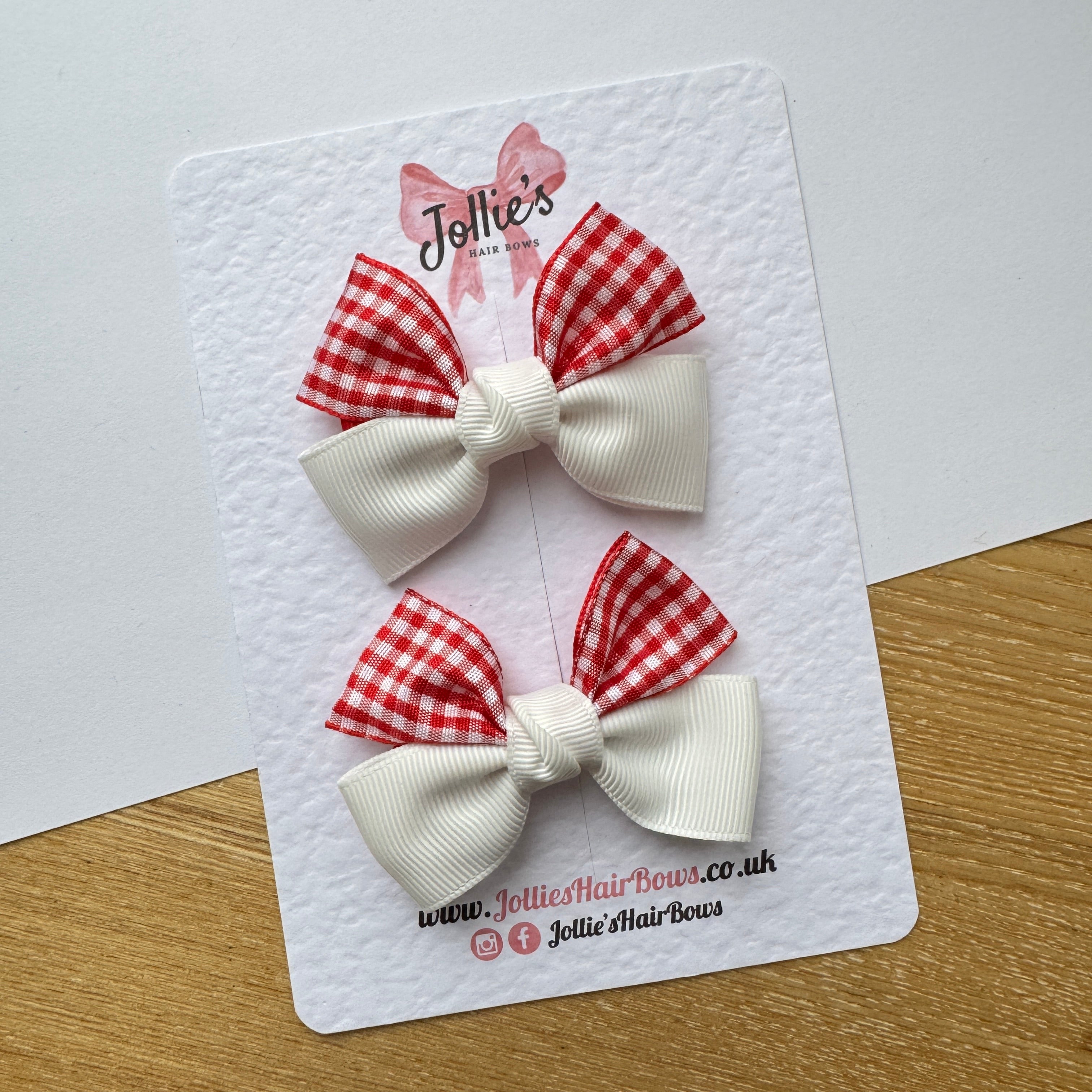 2.5" Red and White Gingham Classic Hair Bow Pair – Grosgrain Ribbon Clips with Teeth